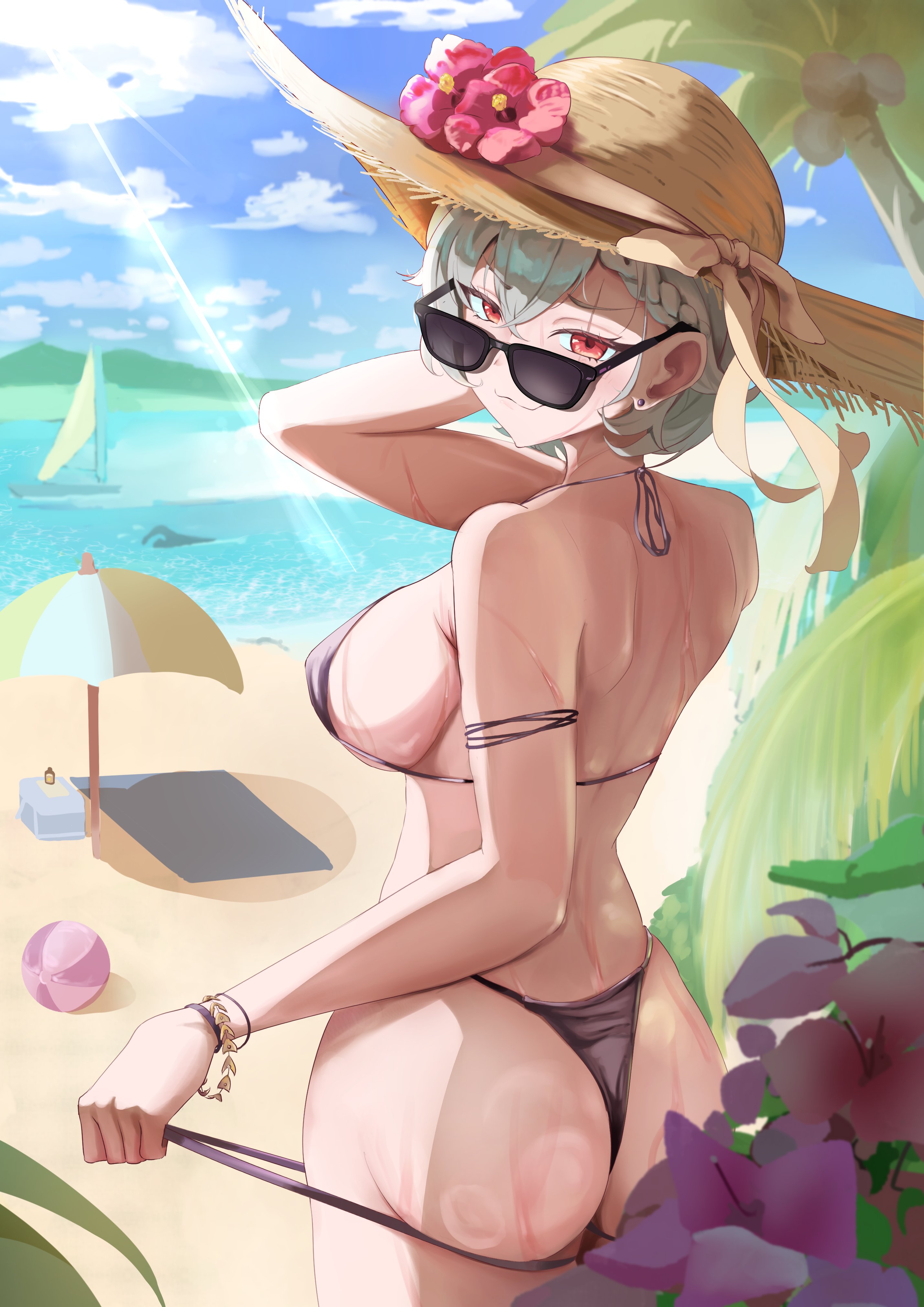 1girls, ass, beach, beach background, beach towel, big breasts, bikini, bikini top, breasts, clothed, clothing, eyewear, female, female only, hat, headwear, indie virtual youtuber, light skin, light-skinned female, looking at viewer, looking over eyewear, looking over sunglasses, saruei (vtuber), sideboob, solo, sun hat, sunglasses, swimwear, tinted eyewear, virtual youtuber, vtuber, white hair