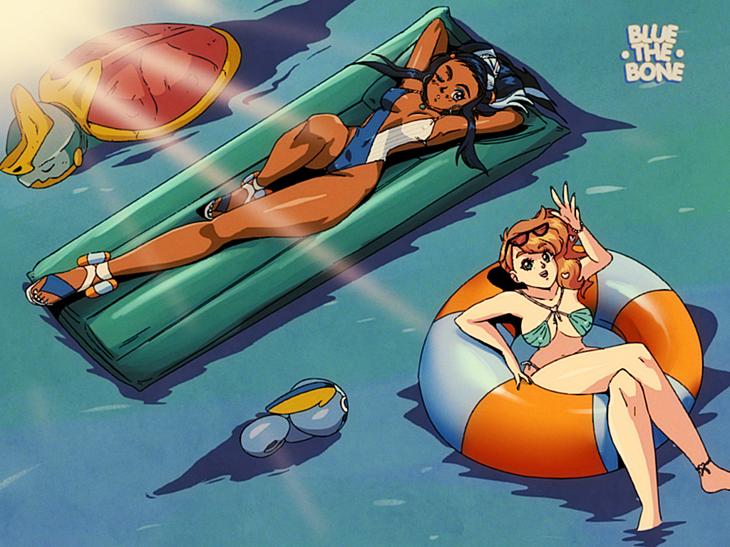 2girls armpits ass big_breasts bikini blue_eyes blue_hair bluethebone bocas_top breasts cleavage clothed dark-skinned_female dark_skin drednaw feet female female_only gym_leader human human_only inflatable_raft inner_tube low_cut_top nessa_(pokemon) nintendo one-piece_swimsuit open_toe_shoes orange_hair pokemon pokemon_ss pool retro_artstyle sobble sonia_(pokemon) swimsuit text water watermark wide_hips