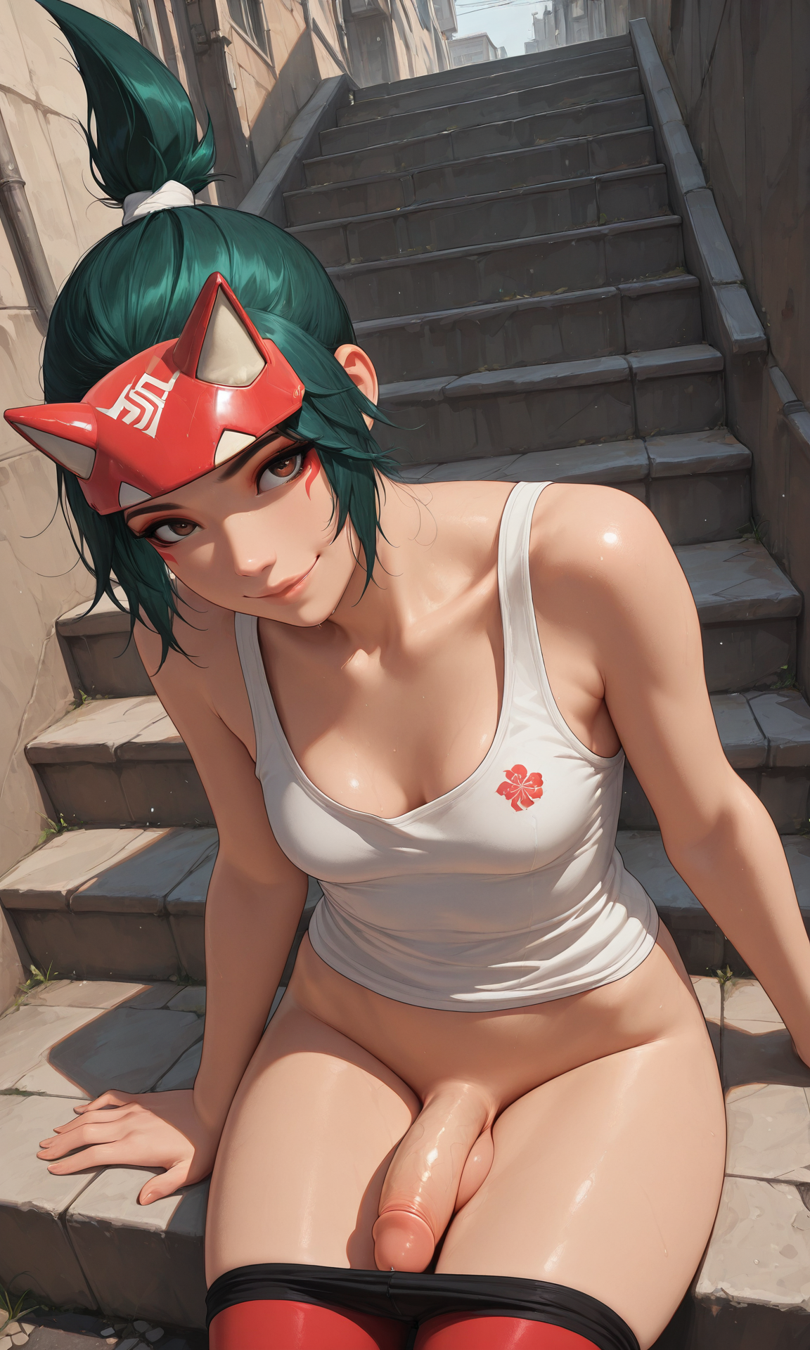 1futa, ai generated, balls, breasts, female, from above, futa only, futanari, green hair, intersex, jamesbron, kiriko (overwatch), leggings, leggings down, looking at viewer, no panties, overwatch, pants down, pants pull, penis, penis out, ponytail, small breasts, smile, solo, solo futa, stairs, tank top, thighs