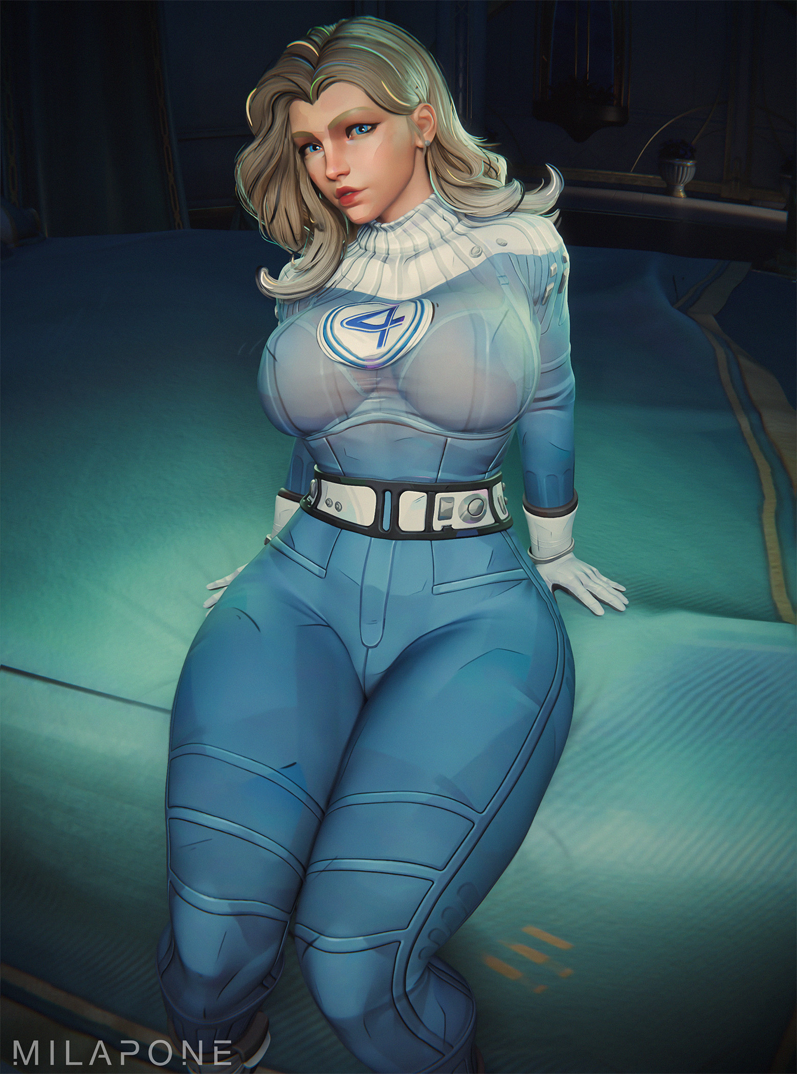 1girls, 3d, alternate breast size, ass, big ass, big breasts, blonde hair, bodysuit, breasts, cameltoe, fantastic four, female, female only, huge ass, huge breasts, invisible woman, invisible woman (first steps), invisible woman (marvel rivals), large ass, large breasts, looking at viewer, marvel, marvel comics, marvel rivals, milapone, milf, see-through clothing, solo, solo female, sue storm, thick thighs