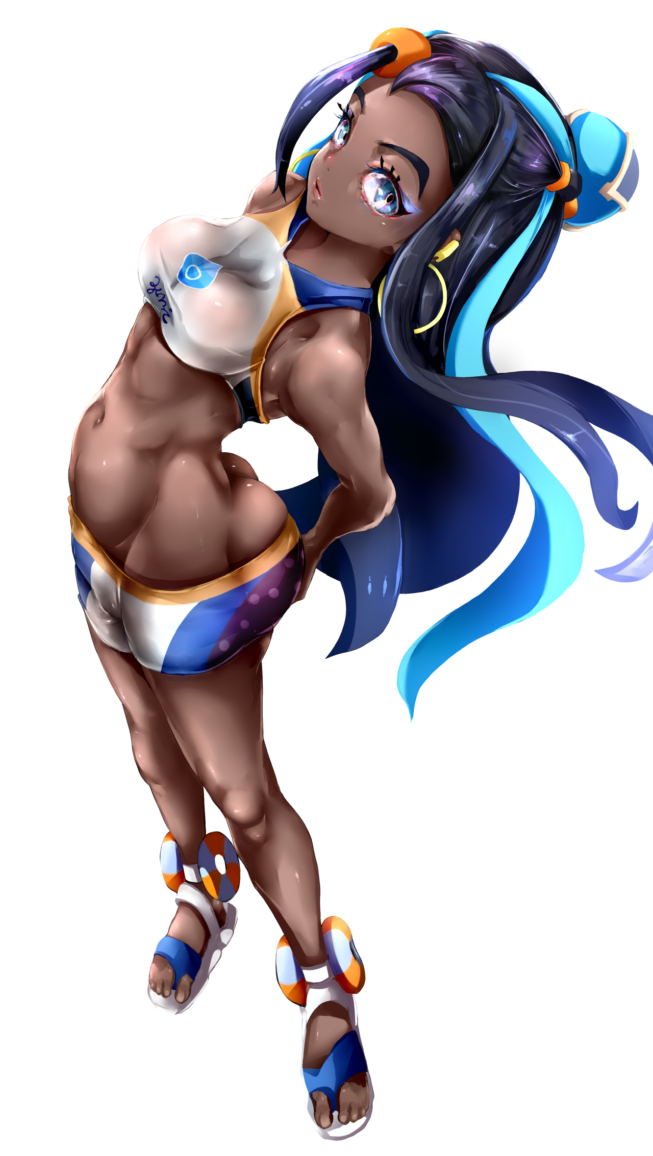 1girls, abs, ass, ass cleavage, ass crack, belly, big ass, blue eyes, blue hair, bubble ass, bubble butt, butt crack, cleavage, clothed, dark skin, dark-skinned female, feet, female, female only, from above, gym leader, human, long hair, looking at viewer, mamimi (mamamimi), midriff, navel, nessa (pokemon), nintendo, open toe shoes, pokemon, pokemon ss, sandals, see-through, shirt, shorts, standing, stretched clothes, thick thighs, toes, wide hips