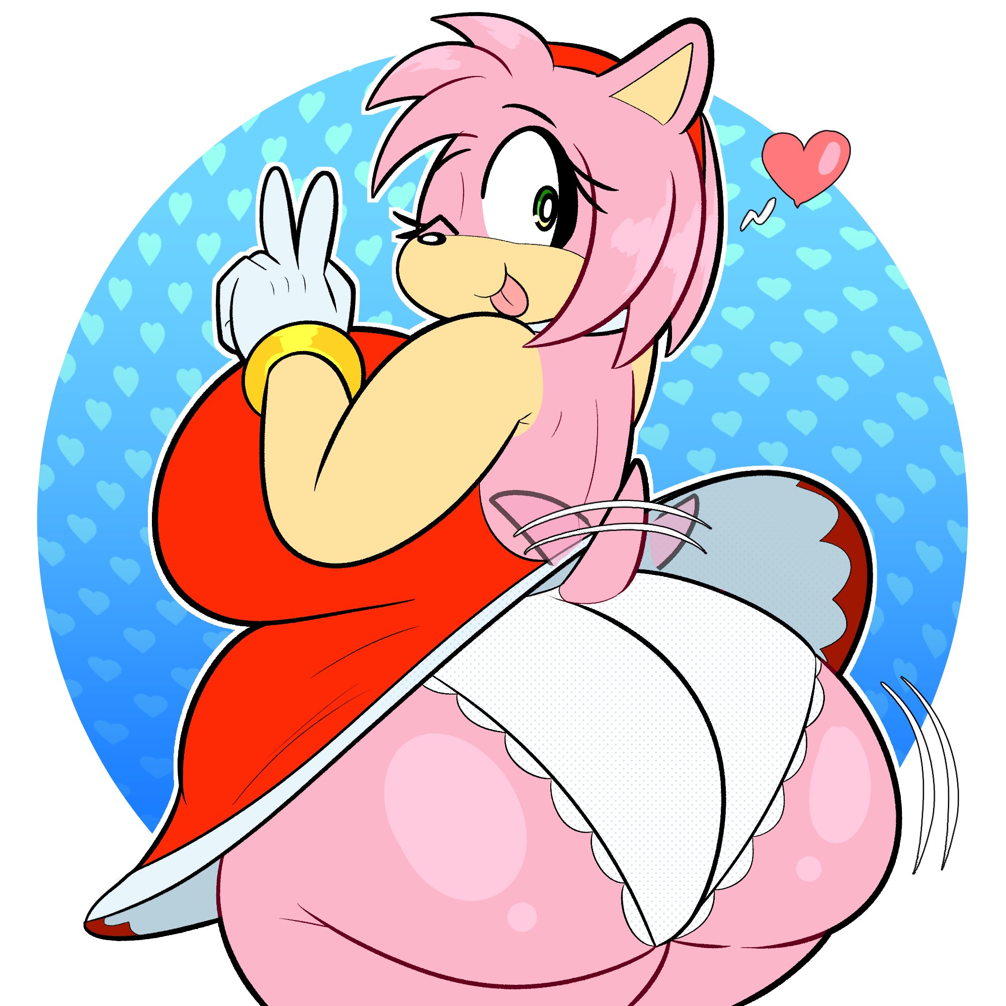 amy rose, anthro, ass, ass exposed, ass focus, bbw, bbw furry, blitzy flair, butt focus, chubby, chubby anthro, chubby female, curvy, dress lift, fat ass, green eyes, heart symbol, hedgehog, large ass, large breasts, panties, peace sign, pink fur, sonic (series), sonic the hedgehog (series), sticking out tongue, wagging tail, winking