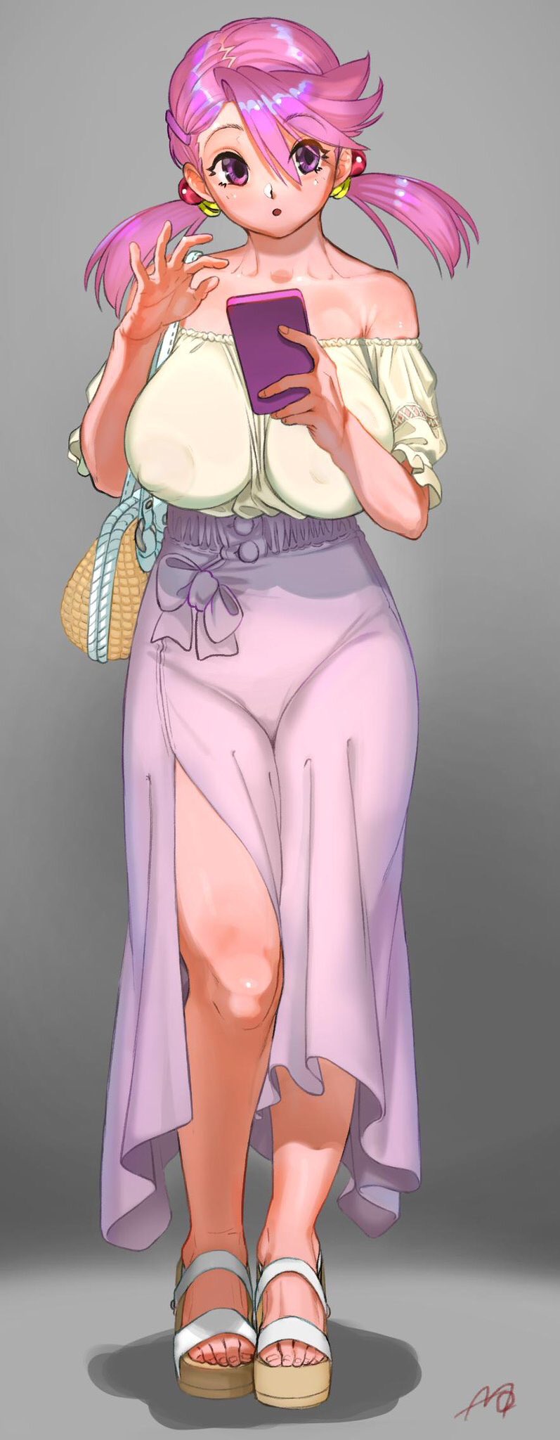 1girls, big breasts, breasts, feet, female, heels, high heel sandals, high heels, large areolae, legs, mamo nsfw, mamo3, nipples, open toe footwear, open toe heels, open toe shoes, phone, purple eyes, purse, sandals, skirt, smartphone, transparent clothing, twintails, violet hair