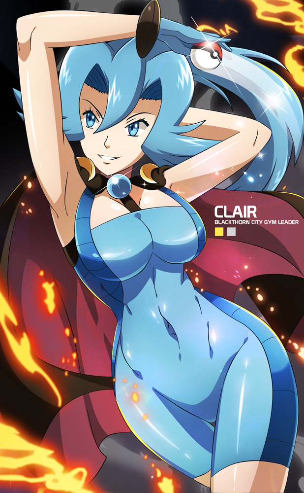 1girls, abs, armpits, blue eyes, blue hair, bodysuit, breasts, clair (pokemon), cleavage, clothed, clothing, female, female only, human, human only, large breasts, nintendo, pokemon, pokemon gsc, pokemon hgss, smile, solo, source request, text, thick thighs, vivivoovoo, watermark, wide hips