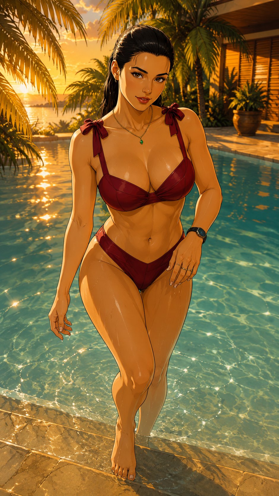 007, 007 first light, ai generated, bikini, breasts, female, female only, james bond (series), pool, swimsuit, tagme, theresa lorca, thighs, water
