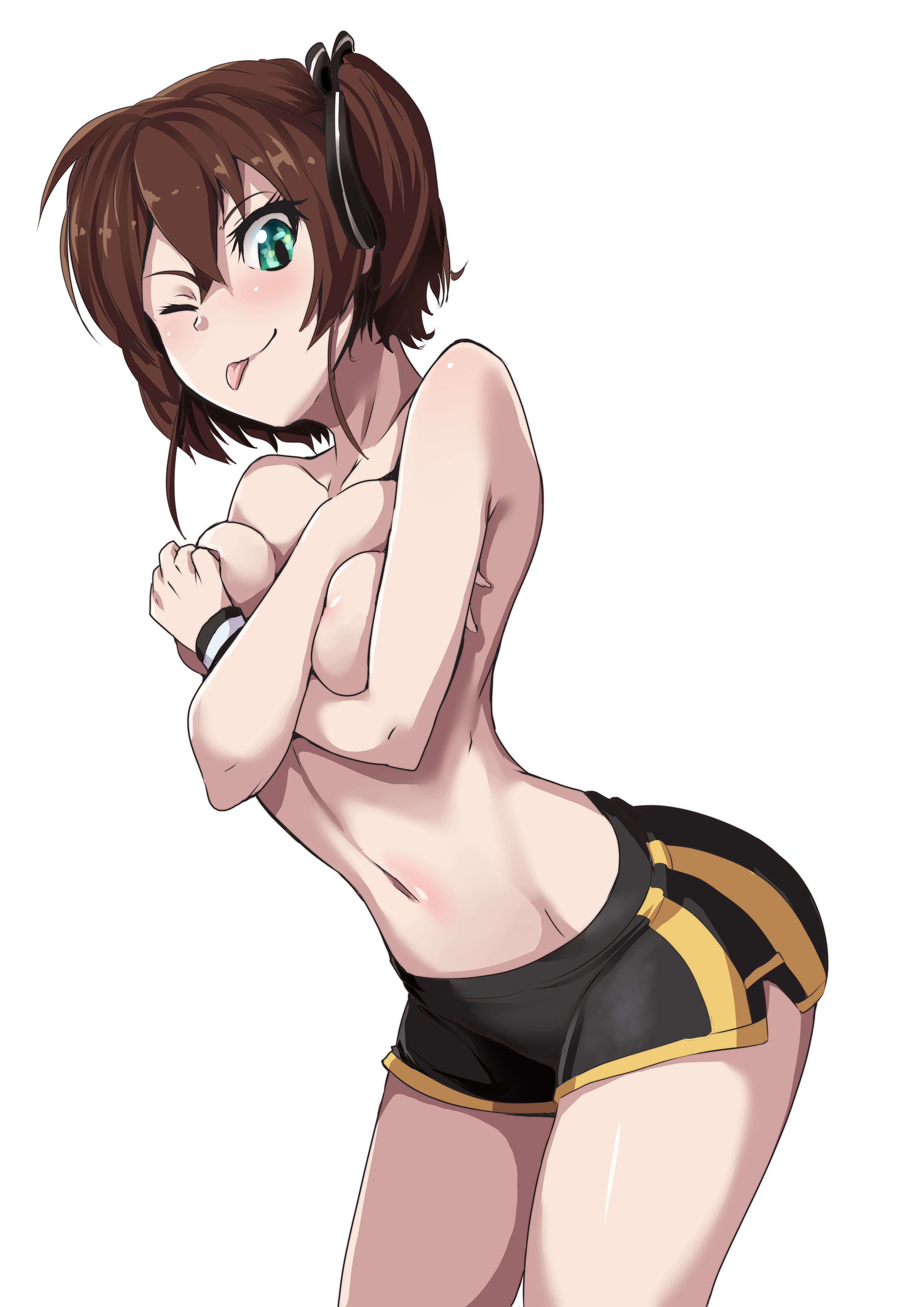 1girls, 2010s, 2019, absurdres, bent over, blush, breasts, brown hair, covering, covering breasts, dolphin shorts, female, green eyes, hair between eyes, hair ribbon, highres, looking at viewer, manga, moderate tomboy, nico-mo, nipple peek, one eye closed, original, ribbon, shiny skin, short hair, short shorts, shorts, side ponytail, side slit, simple background, smile, solo, solo female, tomboy, tongue, tongue out, topless, two-tone bottomwear, two-tone bottomwear (blackandyellow), white background, wink, wristband