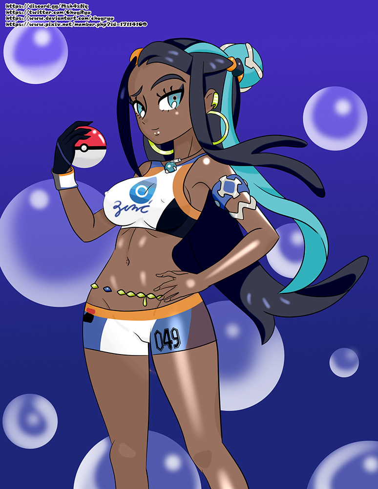 1girls armband armpits bike_shorts blue_eyes blue_hair breasts bubble_background bubbles chuyryu clothed clothes_writing crop_top dark-skinned_female dark_hair dark_skin earrings eyelashes female female_only front_view gloves gym_leader holding_object holding_poke_ball hoop_earrings human looking_at_viewer navel necklace nessa_(pokemon) nintendo nipple_bulge poke_ball pokemon pokemon_ss raised_eyebrow shiny_skin short_shorts shorts single_glove smile solo swimwear text thick_thighs two_tone_hair url watermark wide_hips