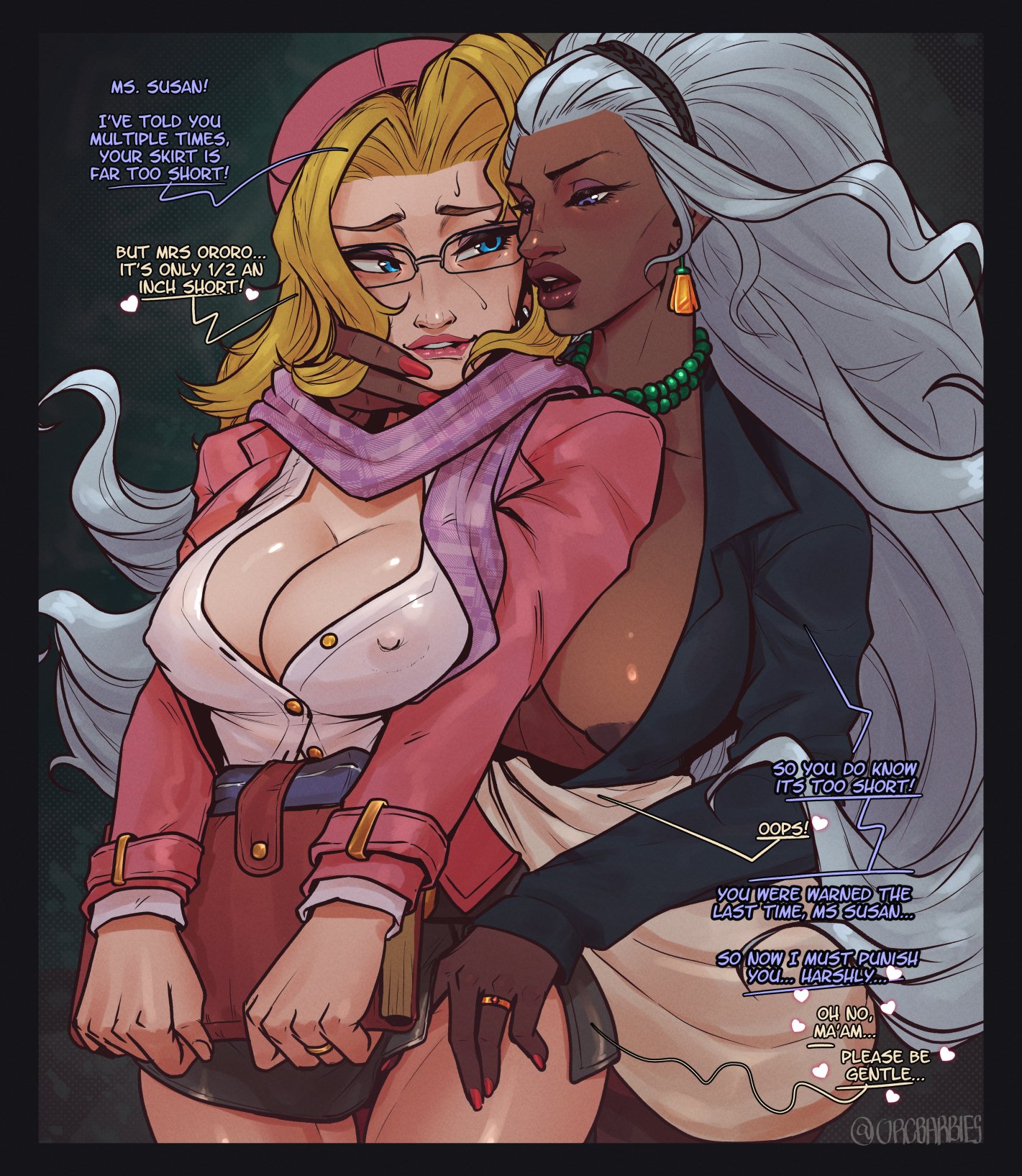 2d, 2girls, before sex, big breasts, blonde hair, blue eyes, cleavage, color, colored, dark-skinned female, dialog, dialogue, earrings, empire state university, fantastic four, female, female only, female/female, glasses, held from behind, invisible woman, invisible woman (marvel rivals), invisible woman (riann landau: the debater), light-skinned female, long fingernails, long hair, married female, marvel, marvel rivals, necklace, nipple slip, nipples visible through clothing, orcbarbies, ororo munroe, painted nails, short skirt, storm (x-men), sue richards, sue storm, swingers, thigh gap, very long hair, wedding ring, white hair, x-men, yuri