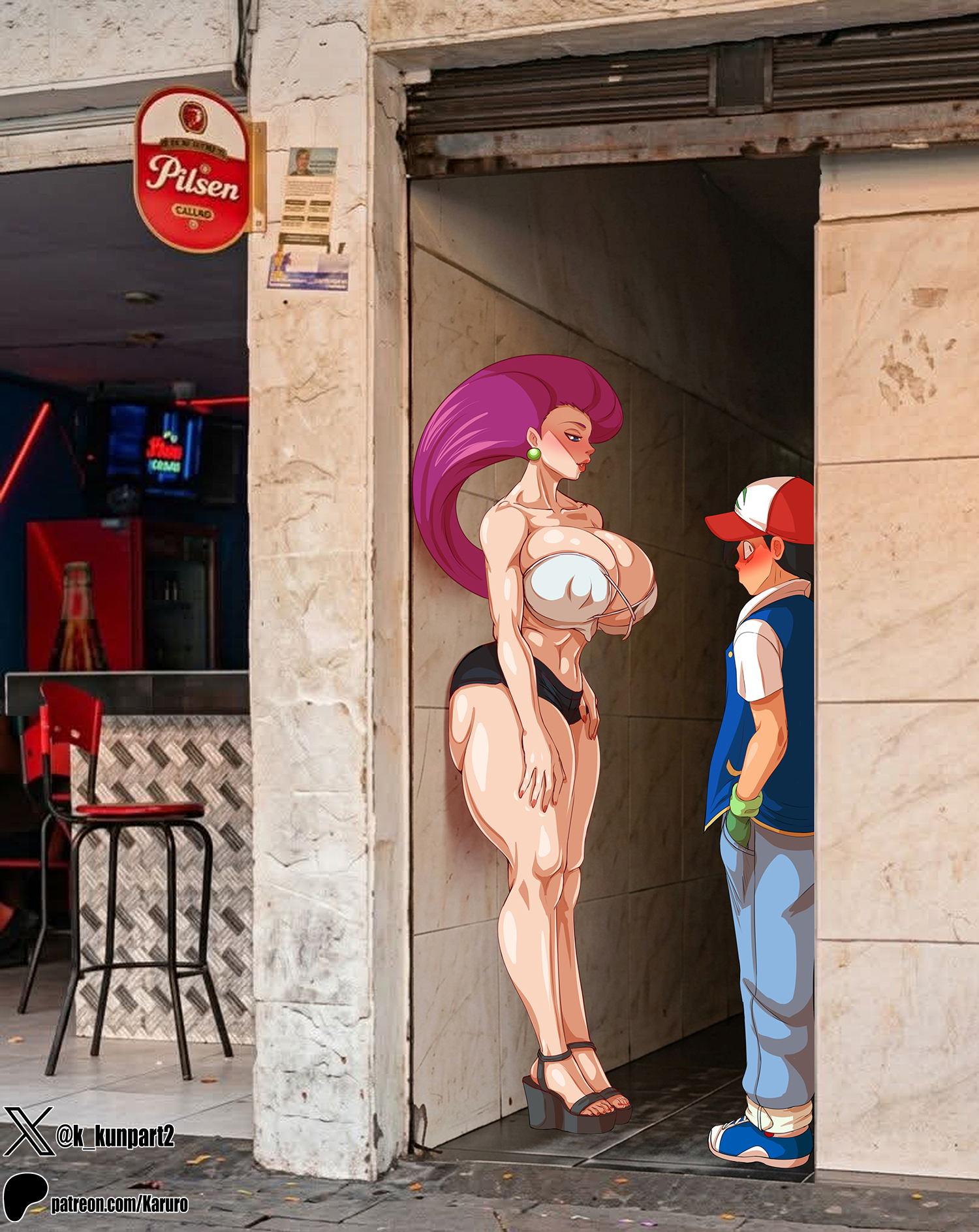 1boy, 1girls, alleyway milf (meme), ash ketchum, blush, fingernail polish, hat, high heel sandals, high heels, jessie (pokemon), karuro-kun, long fingernails, meme, musashi (pokemon), nail polish, open toe footwear, open toe heels, open toe shoes, pokemon, pokemon (anime), pokemon (classic anime), prostitution, sandals, satoshi (pokemon), smile, straight, toenail polish, wedge heels