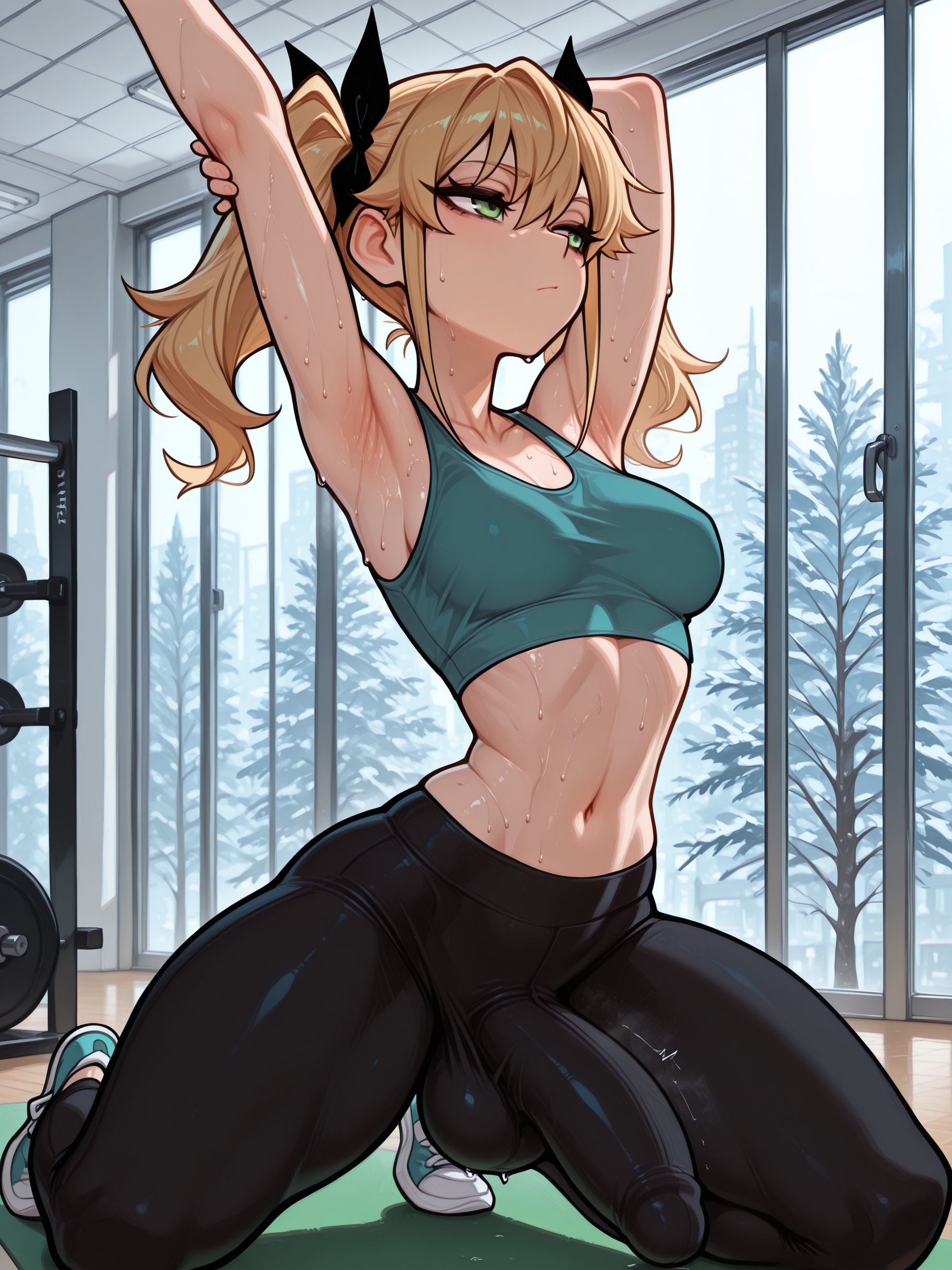 1futa, 1futanari, 1girl, ai generated, athletic, balls, balls outline, big ass, big breasts, big butt, big hips, big penis, black yoga pants, blonde, blonde female, blonde hair, breasts, bulge, bulge through clothing, bulge under clothes, cleavage, dick, dickgirl, erection, erection under clothes, erection under clothing, eyebrows, eyelashes, eyeliner, female, female focus, futa only, futanari, genital outline, green eyes, grin, grinning, grinning at viewer, gym, hair, hair between eyes, hair ornament, huge cock, indoors, kaiju no.8, kikoru shinomiya, leggings, lips, long hair, looking away, makeup, mascara, medium breasts, medium hair, midriff, narrow waist, narrowed eyes, navel, nose, penis, skinny, slim, small breasts, smooth balls, smooth penis, smooth skin, solo, solo dickgirl, solo female, solo focus, solo futa, solo futanari, spandex, speech, speech balloon, speech box, speech bubbles, stretching, sweat, sweatdrop, sweating, testicles, text box, text bubble, thighs, tight clothing, tights, twintails, veiny, veiny penis, velfur, velfur (artist), yoga, yoga mat, yoga pants