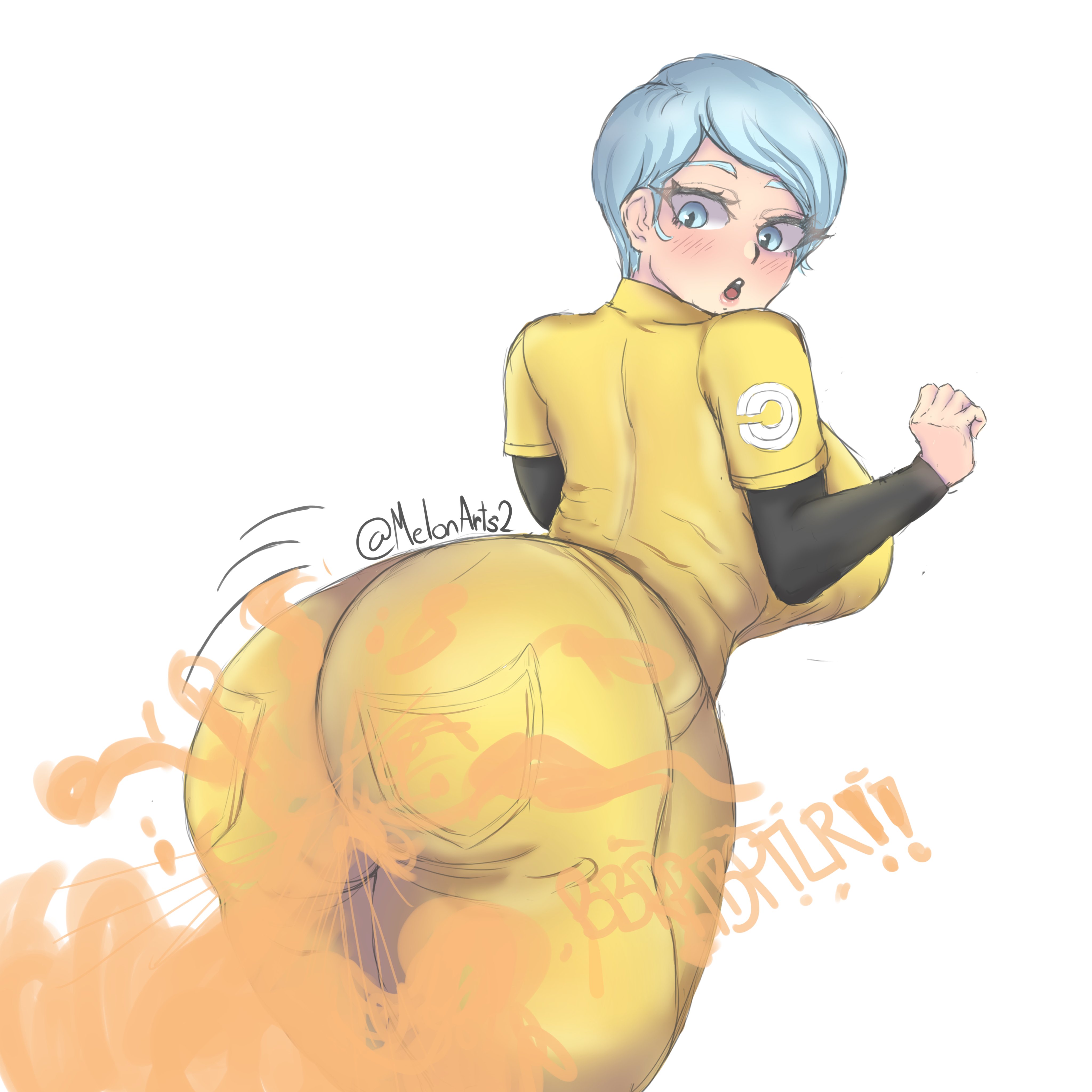 1girls, ass, big ass, big butt, blue hair, blushing, bulma briefs, dragon ball, dragon ball super, dragon ball z, embarrassed, fart, fart cloud, fart fetish, farting, farts, female, female only, jeans, looking back, melonarts2 (artist), tight jeans
