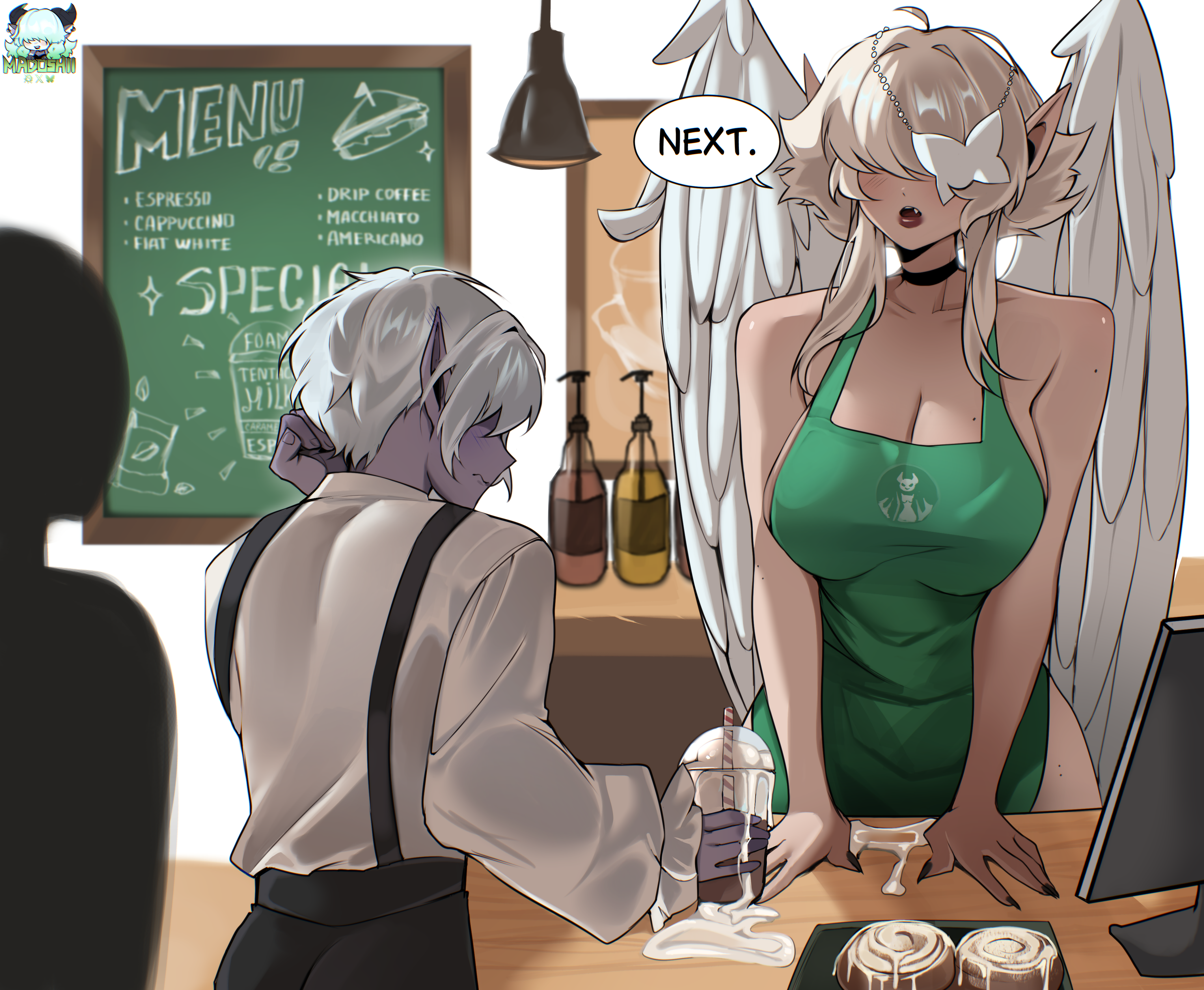 angel, angel wings, barista, brynn bell (diplomacyraptor), coffee shop, cum addict, cum as food, cum as milk, cum in cup, dark elf, dick milk, diplomacyraptor, diplomacyraptor oc, futanari, iced latte with dick milk, madoshii, naked apron, tentacle cock