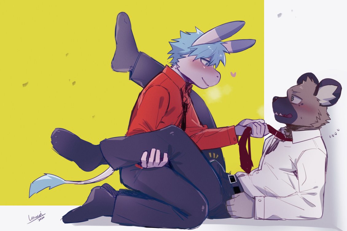 2boys, aggressive retsuko, aggretsuko, blush, brown fur, bulge, bulge through clothing, donkey, gay, haida, haida (aggretsuko), hyena, male, male only, male/male, pulling clothing, pulling tie, sanrio, smooth fur, tadano (aggretsuko), white fur, yaoi