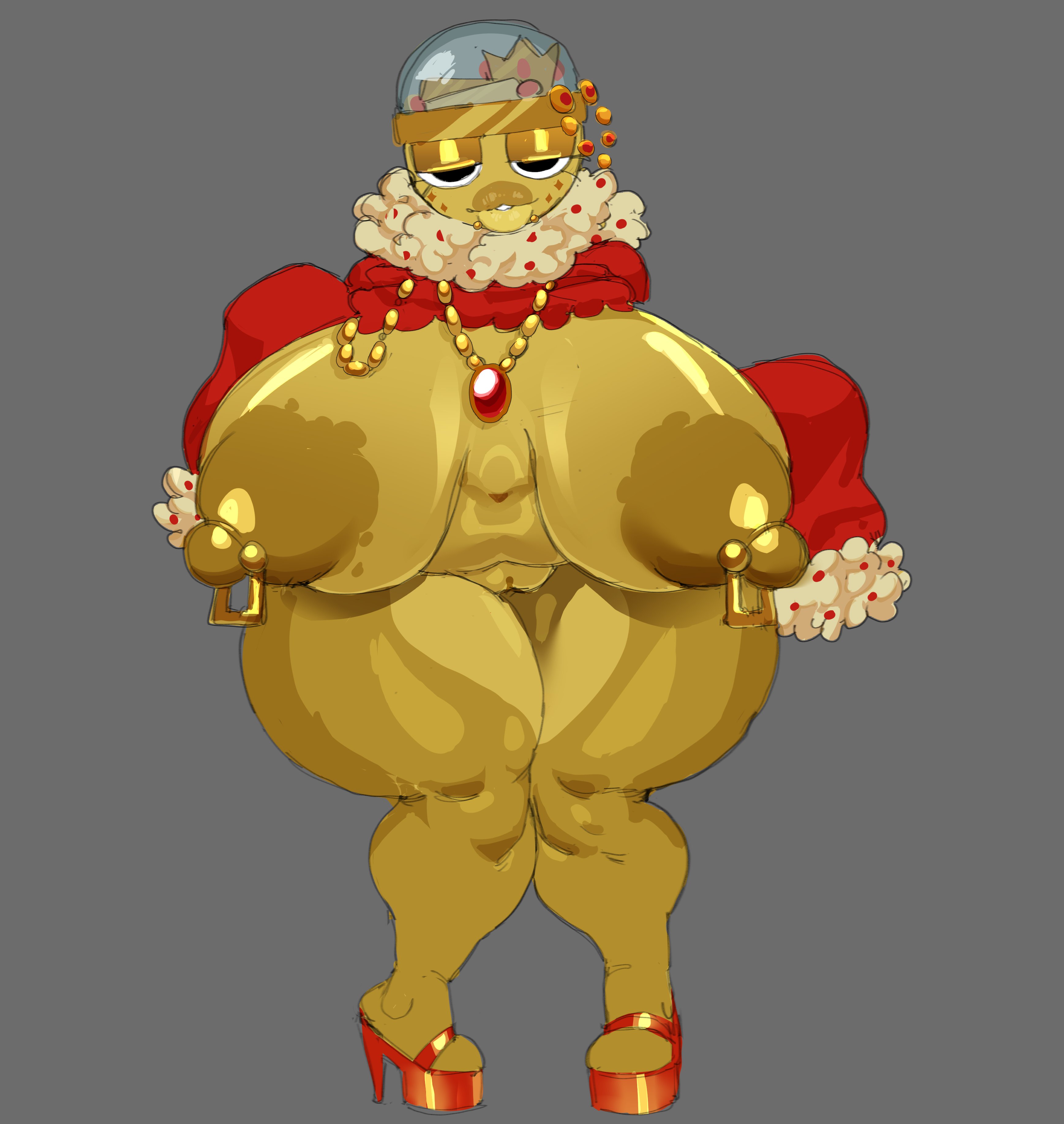 1girls, 2026, anthro, big breasts, breasts, cofficremer, crown, dandy's world, gigi (dandy's world), gold jewelry, gray background, looking at viewer, object head, roblox, roblox game, solo, solo female, thick lips, vagina, vaginal, voluptuous, voluptuous female, yellow body
