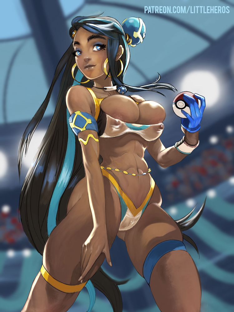 1girls, abs, alternate breast size, ass, big breasts, blue eyes, blue hair, breasts, brown skin, clothed, dark skin, dark-skinned female, female, female only, game cg, gloves, gym leader, human, littleheros, muscular, muscular female, nessa (pokemon), nintendo, nipples, patreon, poke ball, pokemon, pokemon ss, see-through, shirt, shorts, spread legs, swimsuit, text, url, watermark, wide hips
