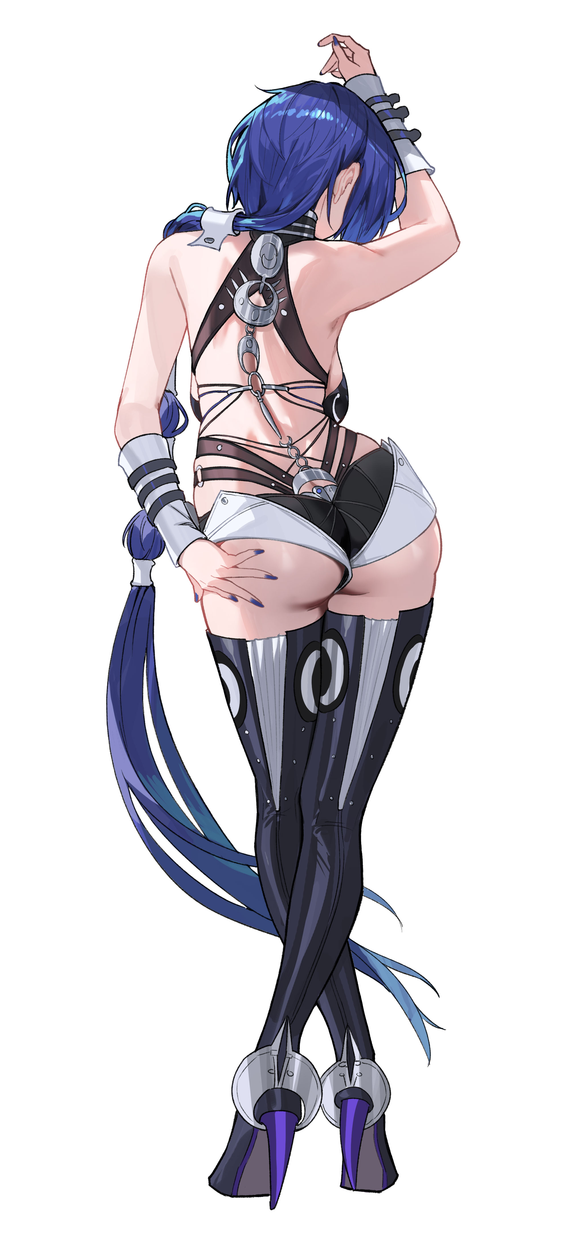 ass, ass focus, ass grab, blue hair, blue nails, colored nails, facing away, from behind, heels, hidden face, high heels, long hair, long nails, painted nails, ponytail, promeia (zenless zone zero), thighhighs, thighs, zenless zone zero, zhudouzi