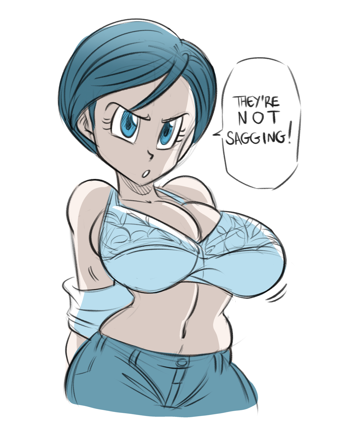 1girls, 2020, belly button, big breasts, blue eyes, blue hair, bra, breasts, bulma briefs, cleavage, clothing, dragon ball, dragon ball super, dragon ball z, female, female only, funsexydragonball, huge breasts, large breasts, looking at viewer, milf, navel, short hair, shounen jump, solo, speech bubble, text