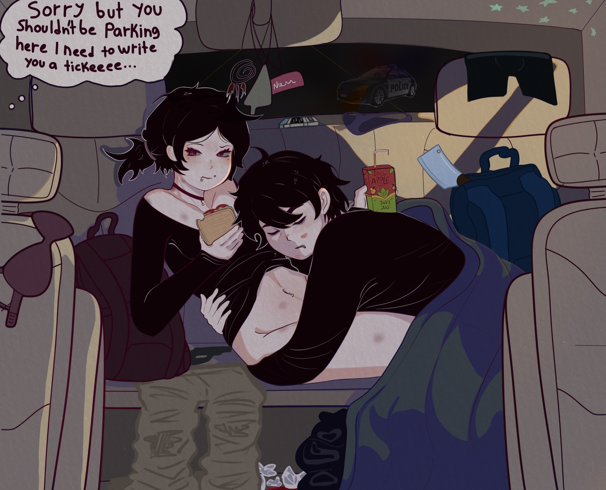 1boy, 1girls, 2d, andrew graves, ashley graves, black hair, bottomless, bottomless female, brother and sister, car, dialogue, eating, english text, female, homeless, incest, lipstick mark, male, n9305915, pink eyes, police, ponytail, siblings, sleeping, straight, the coffin of andy and leyley