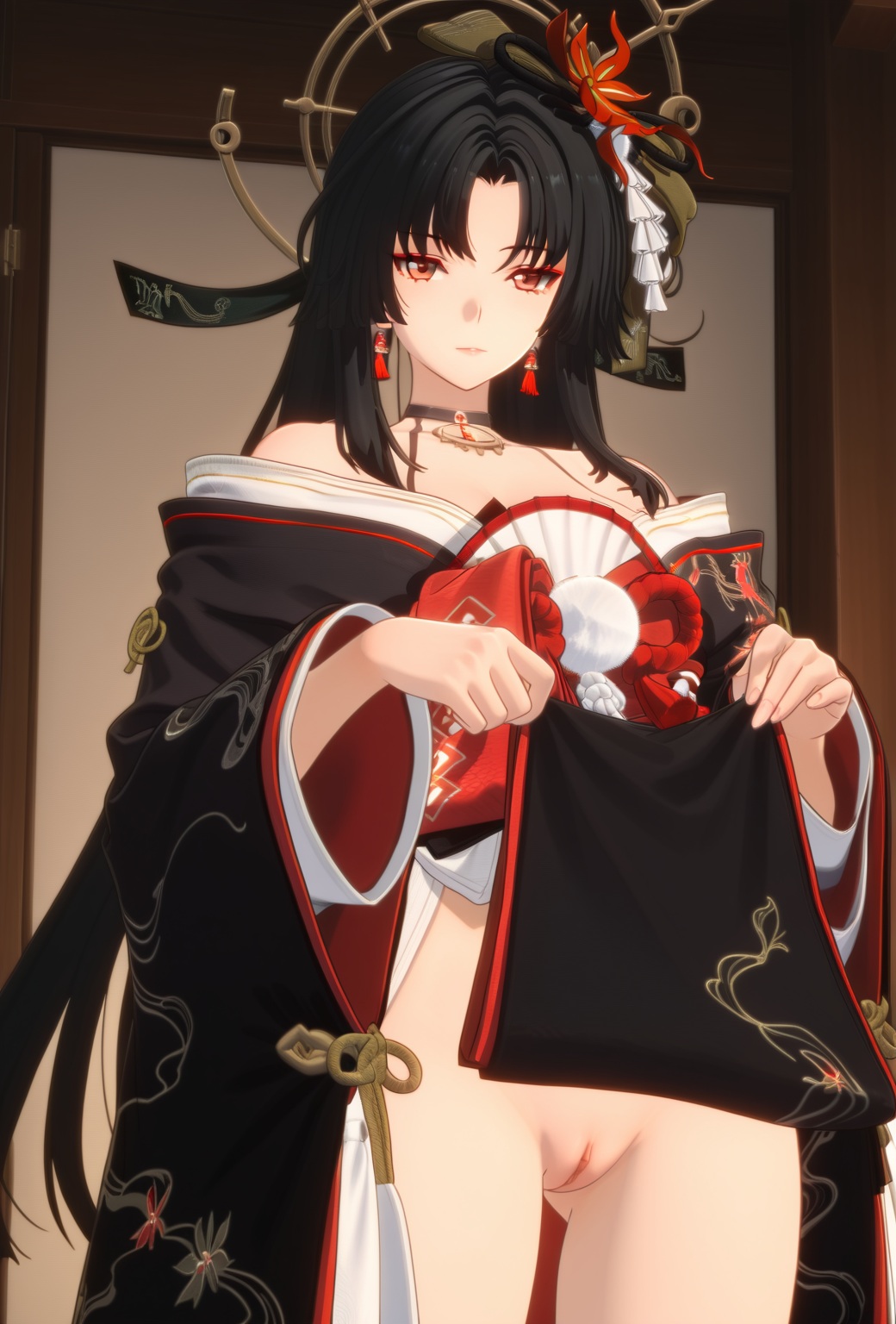 ai generated, black kimono, exposed pussy, female, female focus, female only, hair ornament, hotori (neverness to everness), kimono, lifted clothing, neverness to everness, pussy, solo, solo female, solo focus