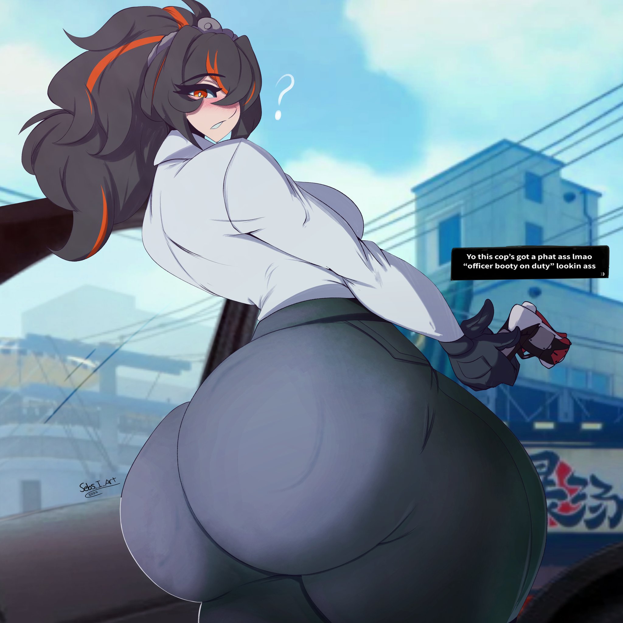 1girls, ass, ass focus, ass size talk, big ass, big ass humiliation, big butt, bottom heavy, breasts, clothing, dialogue, female, female only, gloves, gluteal fold, gun, huge ass, huge thighs, looking at viewer, looking back, massive ass, pants, pistol, police, policewoman, rear view, sebs i art, shirt, size talk, solo, text, thick thighs, thunder thighs, unaware, weapon, wide hips, zenless zone zero, zhu yuan