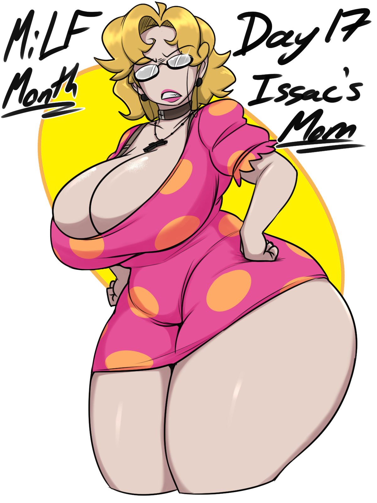 1girls big_breasts blonde_hair breasts choker cleavage clothed clothing cross dress female female_only glasses jyto large_breasts looking_at_viewer magdalene_o._moriah milf mom_(the_binding_of_isaac) mother necklace simple_background solo solo_female the_binding_of_isaac thick_thighs wide_hips