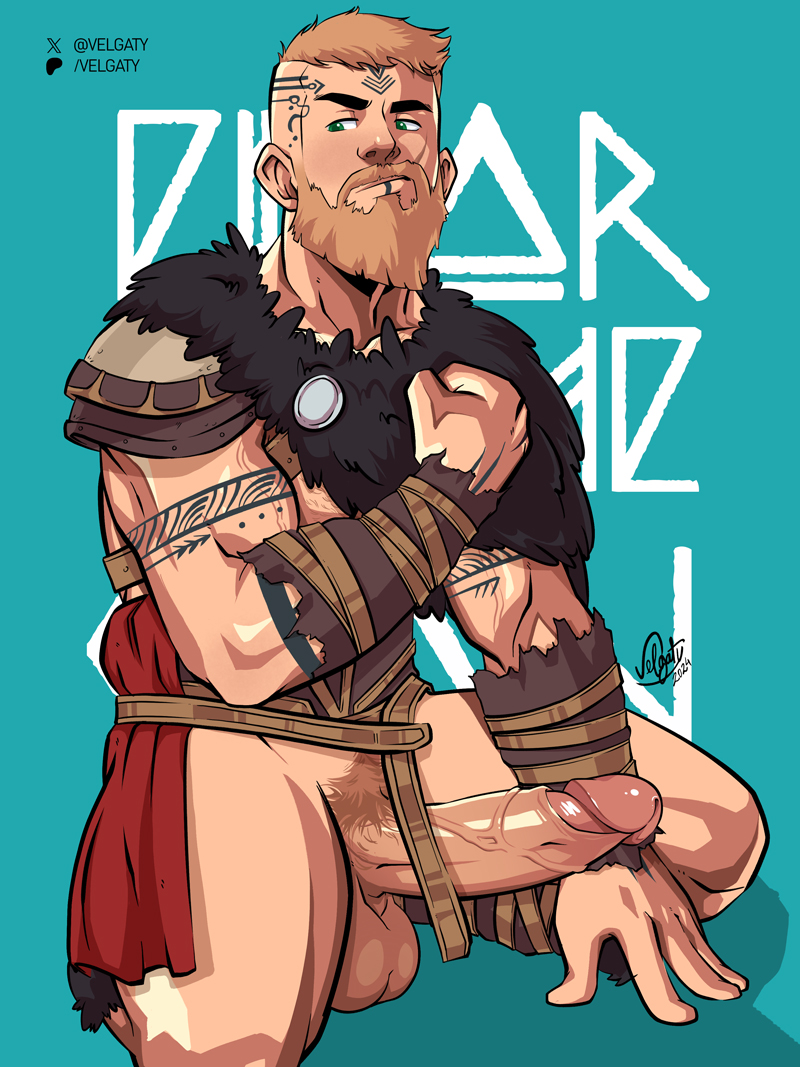 1boy bara beard connected_beard eivor_(velgaty) erection facial_hair facial_mark forehead_mark full_beard girthy_penis hair_tattoo large_penis light_brown_hair male_focus mature_male muscular muscular_male original penis short_hair solo thick_beard thick_eyebrows uncensored velgaty viking