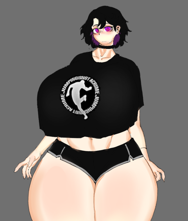 1girls big_thighs breasts clothed female huge_breasts koi_alive light-skinned_female light_skin red_eyes short_hair text_on_clothing thick_thighs thighs