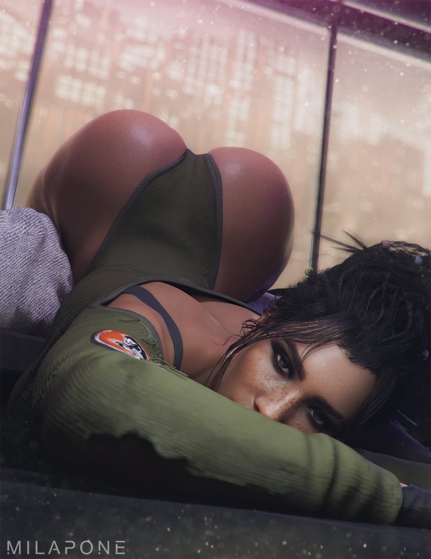 1girls, 3d, ass, ass focus, ass up, big ass, brown hair, cyberpunk 2077, dark skin, dark-skinned female, female, female only, higher resolution available, large ass, lying, lying on bed, milapone, panam palmer, solo, solo female, thick thighs, thighs
