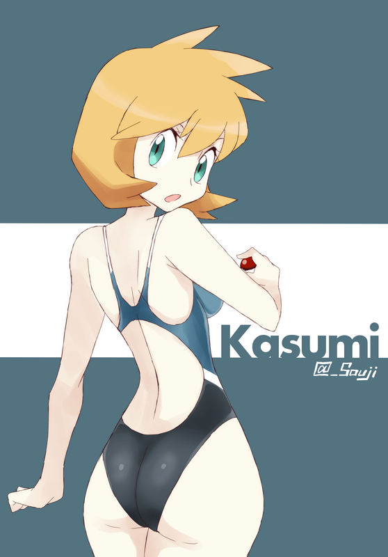 1girls, 2019, 2d, 2d (artwork), artist name, ass, back, blue eyes, breasts, character name, clothed, clothing, female, female only, gym leader, human, human only, kasumi (pokemon), looking at viewer, looking back at viewer, misty (pokemon hgss), misty (pokemon), nintendo, one-piece swimsuit, orange hair, pokemon, pokemon hgss, pokemon rgby, questionable, short hair, short orange hair, solo, solo female, souji, source request, swimsuit, text, watermark, wide hips