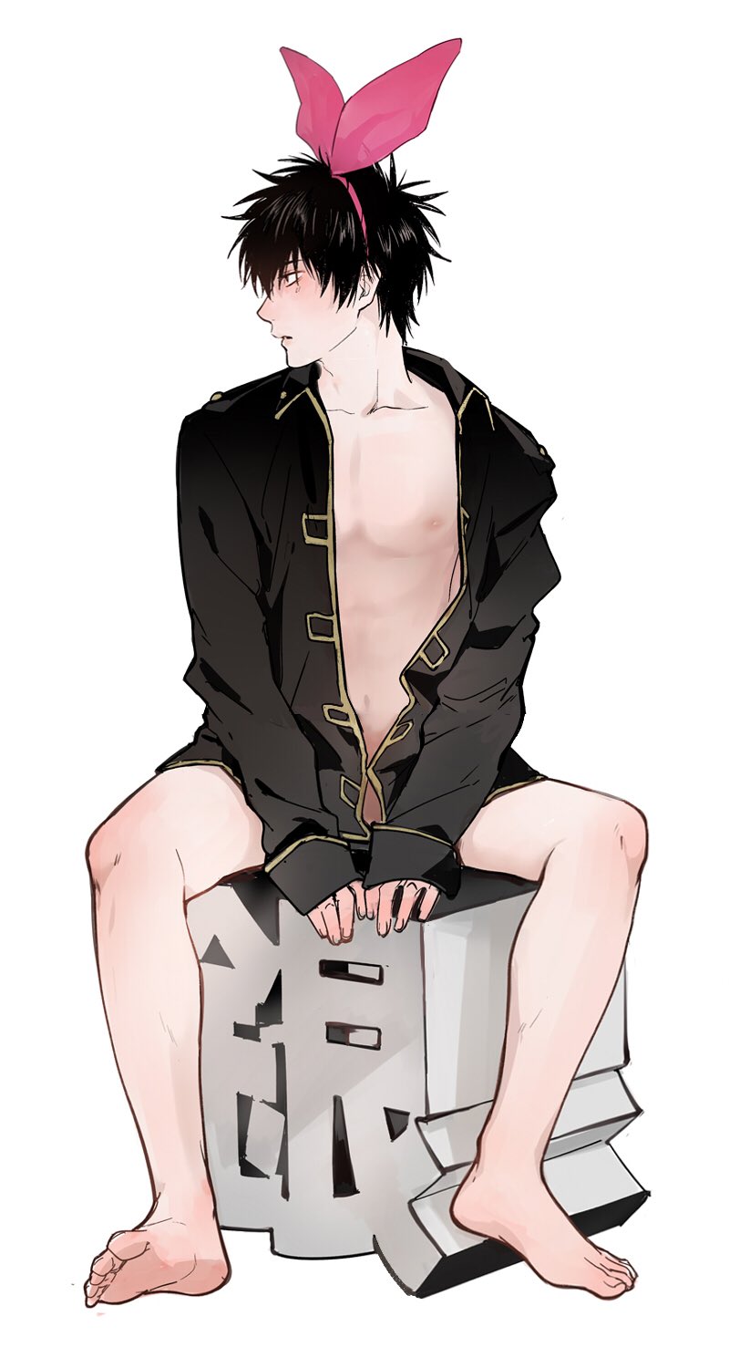 barefoot bishonen black_hair feiqiuxuan full_body gintama hair_ribbon hairband hijikata_toshiro jacket male male_only mostly_nude muscular open_jacket pale-skinned_male pale_skin partially_clothed police_uniform profile shinsengumi_(gintama) sitting solo