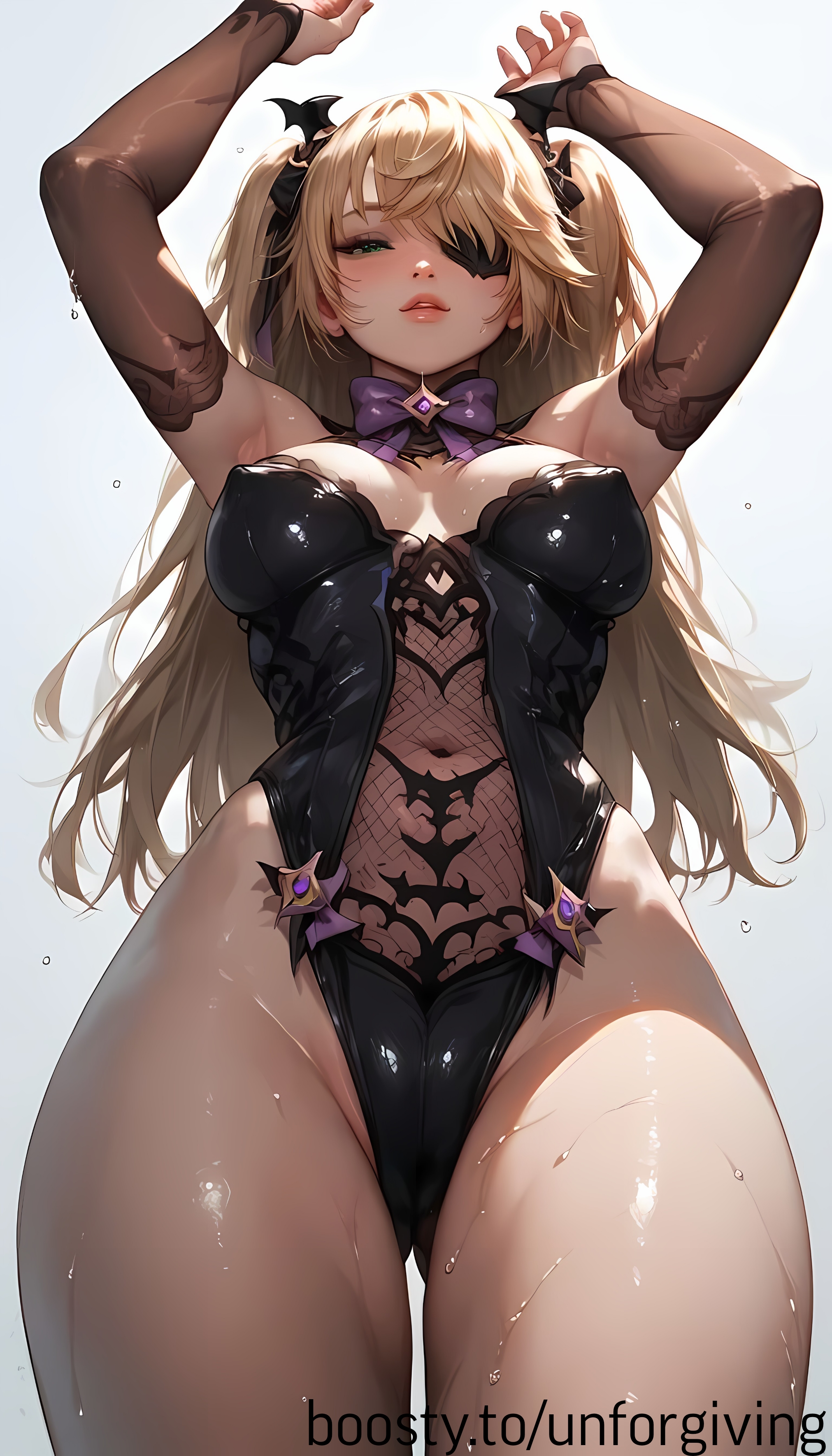 ai generated, bodysuit, breasts, covered nipples, female, fischl (genshin impact), genshin impact, hips, nipples, unforgiving