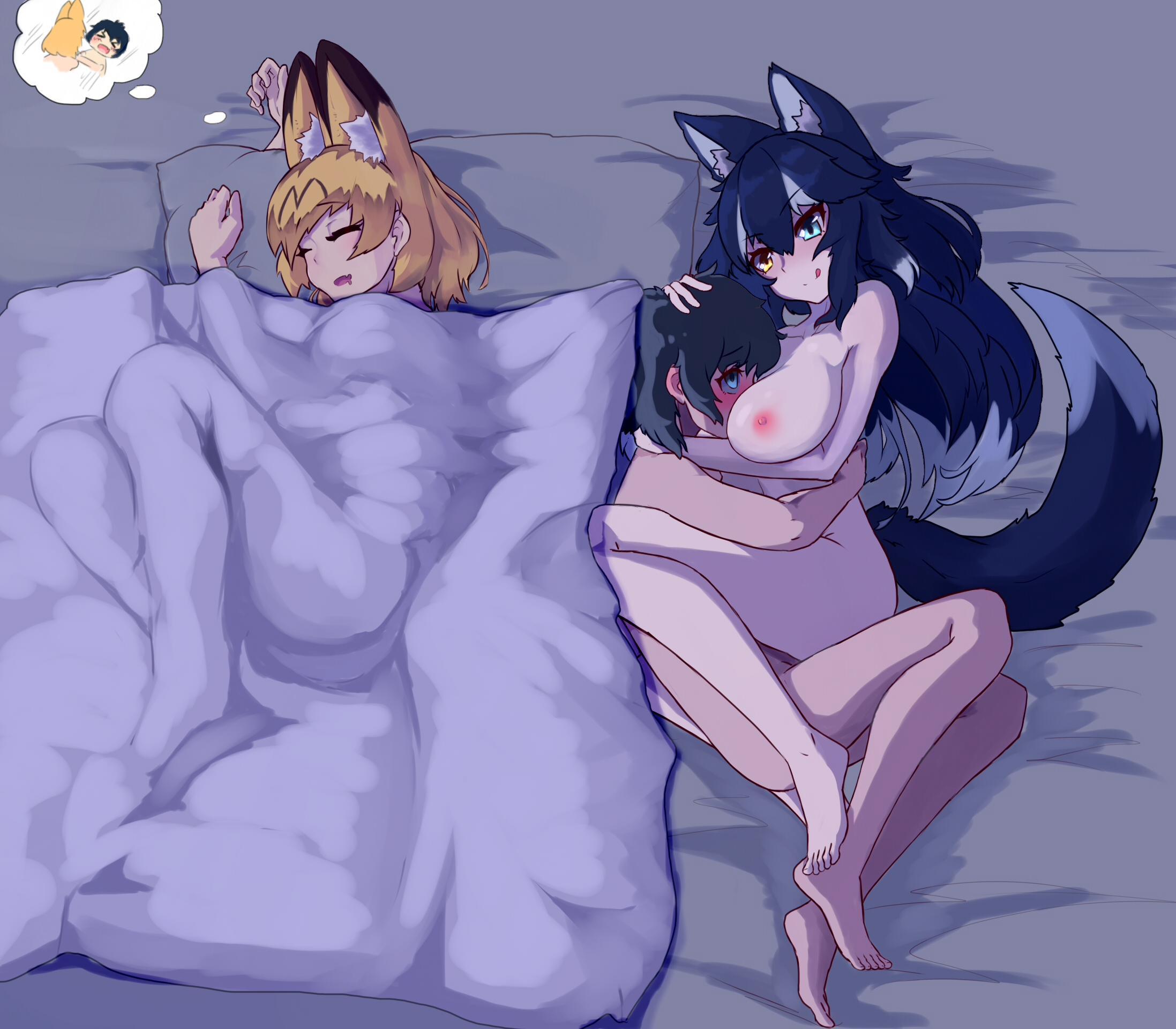 1boy, 2girls, animal ears, bed, black hair, blonde hair, blue hair, blush, boy (17542438), female, friends), gray wolf (kemono friends), heterochromia, kaban (kemono friends), kemono friends, male, male on female, monster girl, serval (kemono friends), sex, sleeping, tail