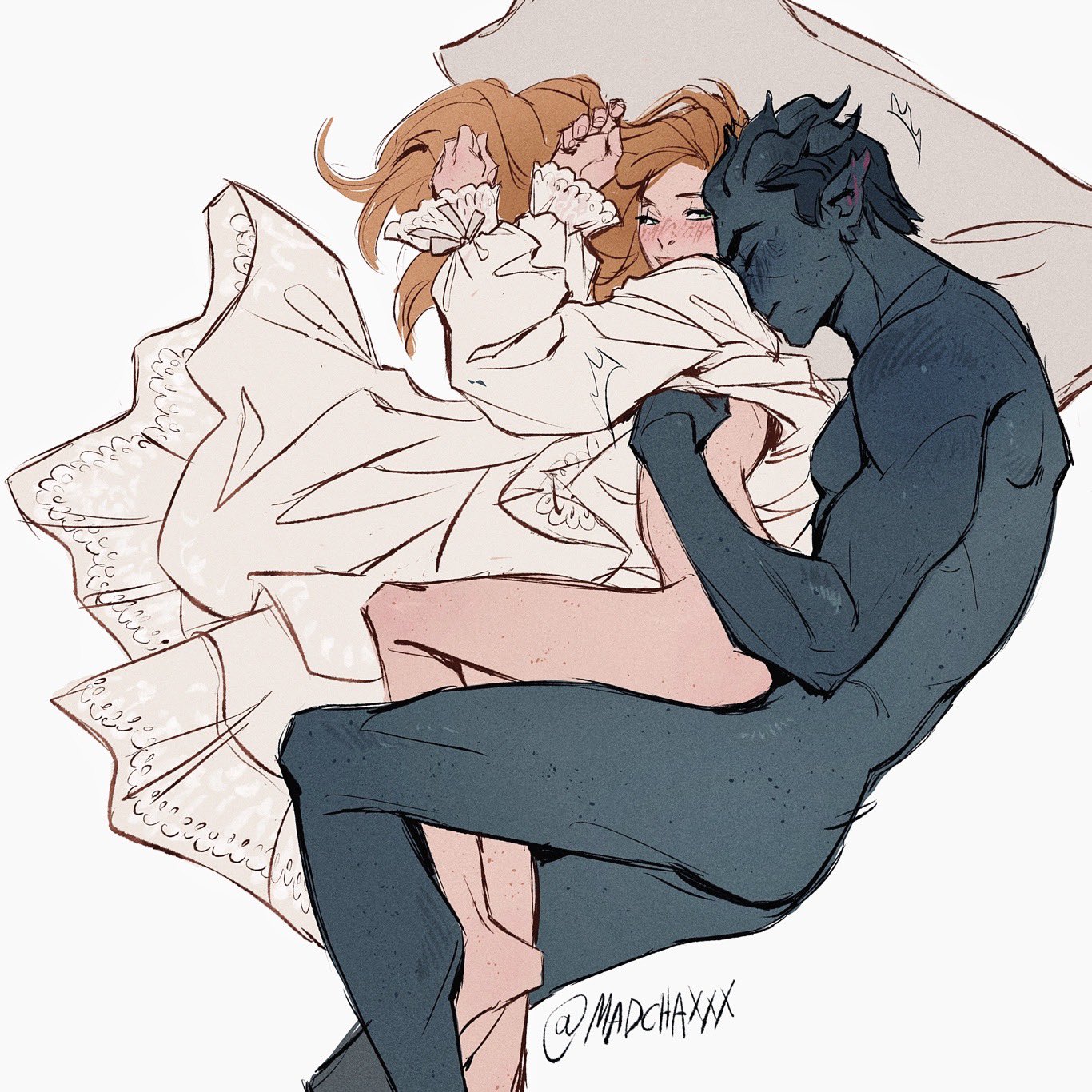 1boy, 1girls, 2d, cuddling, demon, demon horns, digital media, female, from behind, from behind position, madchaxxx, male, male and female focus, penetration, sex, sex from behind, size difference, size play, straight, wholesome, wholesome nudity, wholesome sex