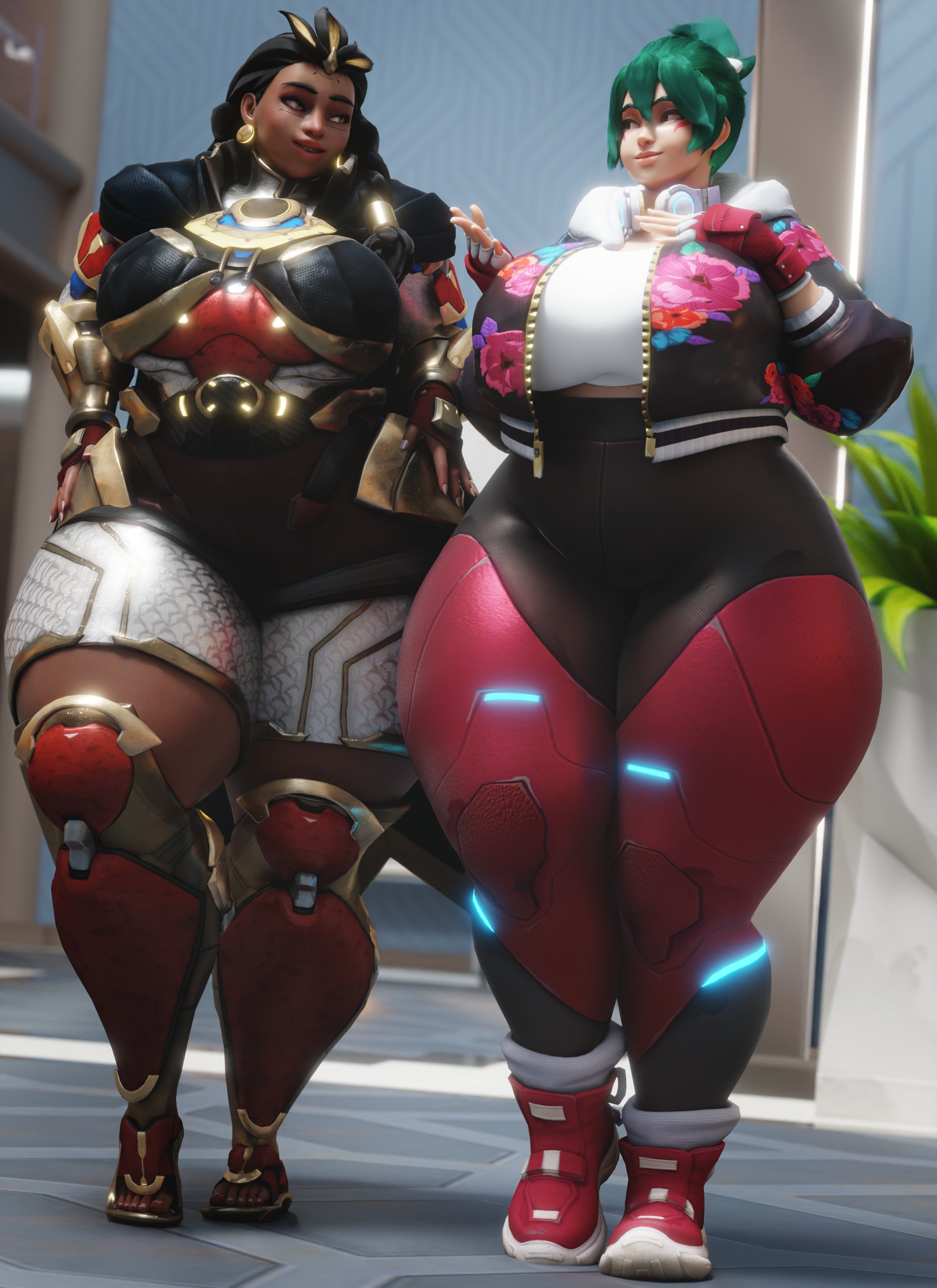 2girls, 3d, ass, ass bigger than head, ass bigger than torso, athleisure kiriko, coolmaster98, dark skin, dark-skinned female, fat, fat ass, female, hyper, hyper ass, illari (overwatch), kiriko (overwatch), overwatch, overwatch 2, tagme, talking, thick ass, thick thighs