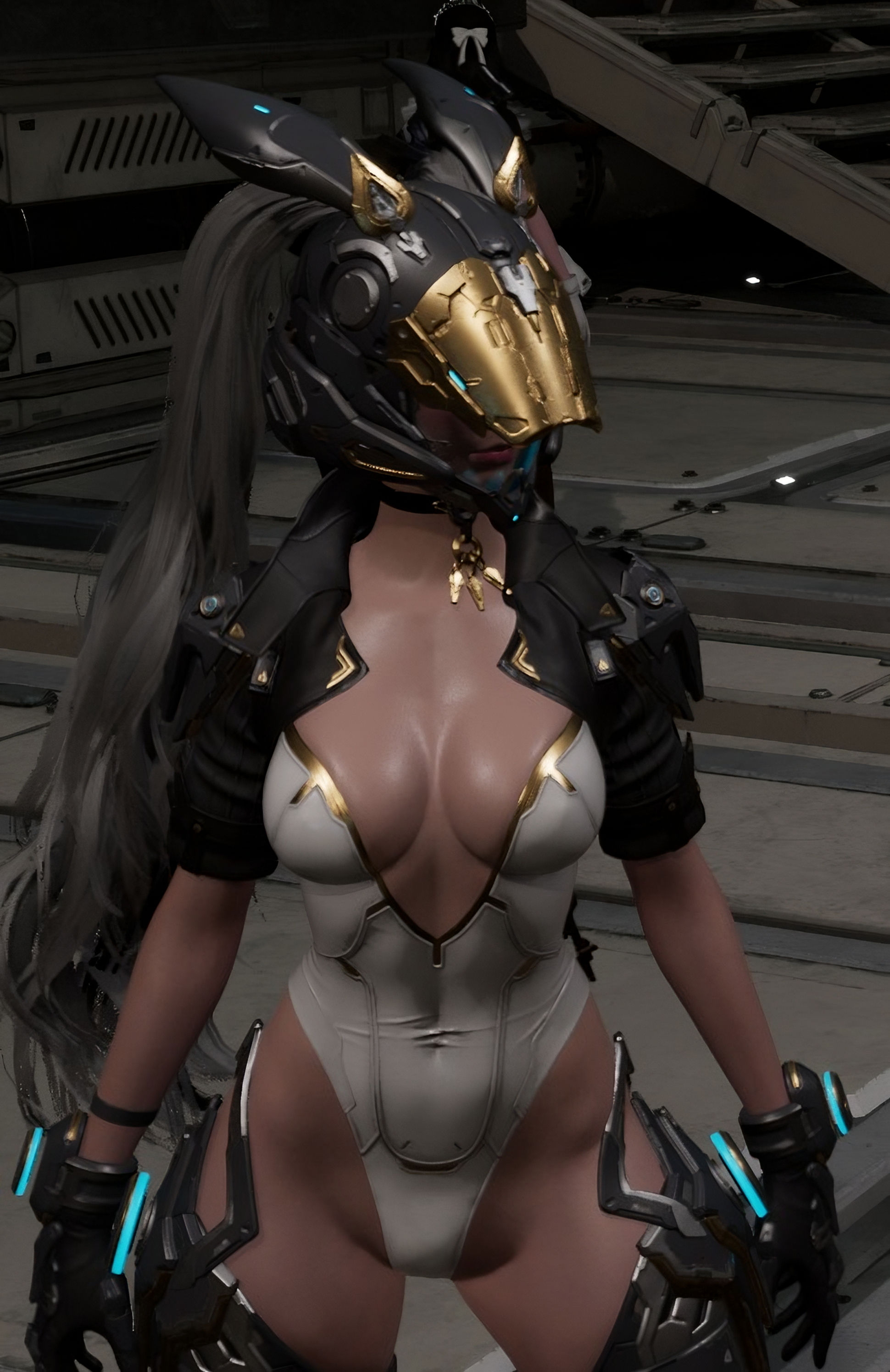 1girls, 3d, armor, big breasts, breasts, bunny (the first descendant), female, female only, grey hair, helmet, screencap, the first descendant, thick thighs