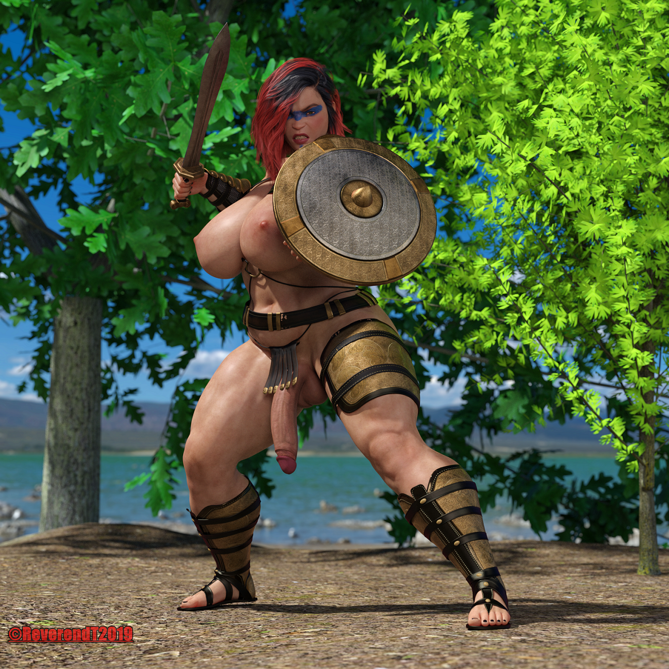 1futa, 3d, areolae, armor, balls, black hair, bottomless skirt, breasts, bulky, casual exposure, casual nudity, erect nipples, fighting stance, flaccid, flaccid penis, futa only, futanari, huge breasts, huge penis, ineffective clothing, ineffective loincloth, intersex, loincloth, long penis, looking at viewer, muscular, muscular futa, muscular thighs, nipples, no panties, overweight, overweight futa, penis, penis out, penis under clothes, penis under loincloth, penis under skirt, red hair, reverendt69, shield, skirt, sword, thick thighs, warrior, wide hips
