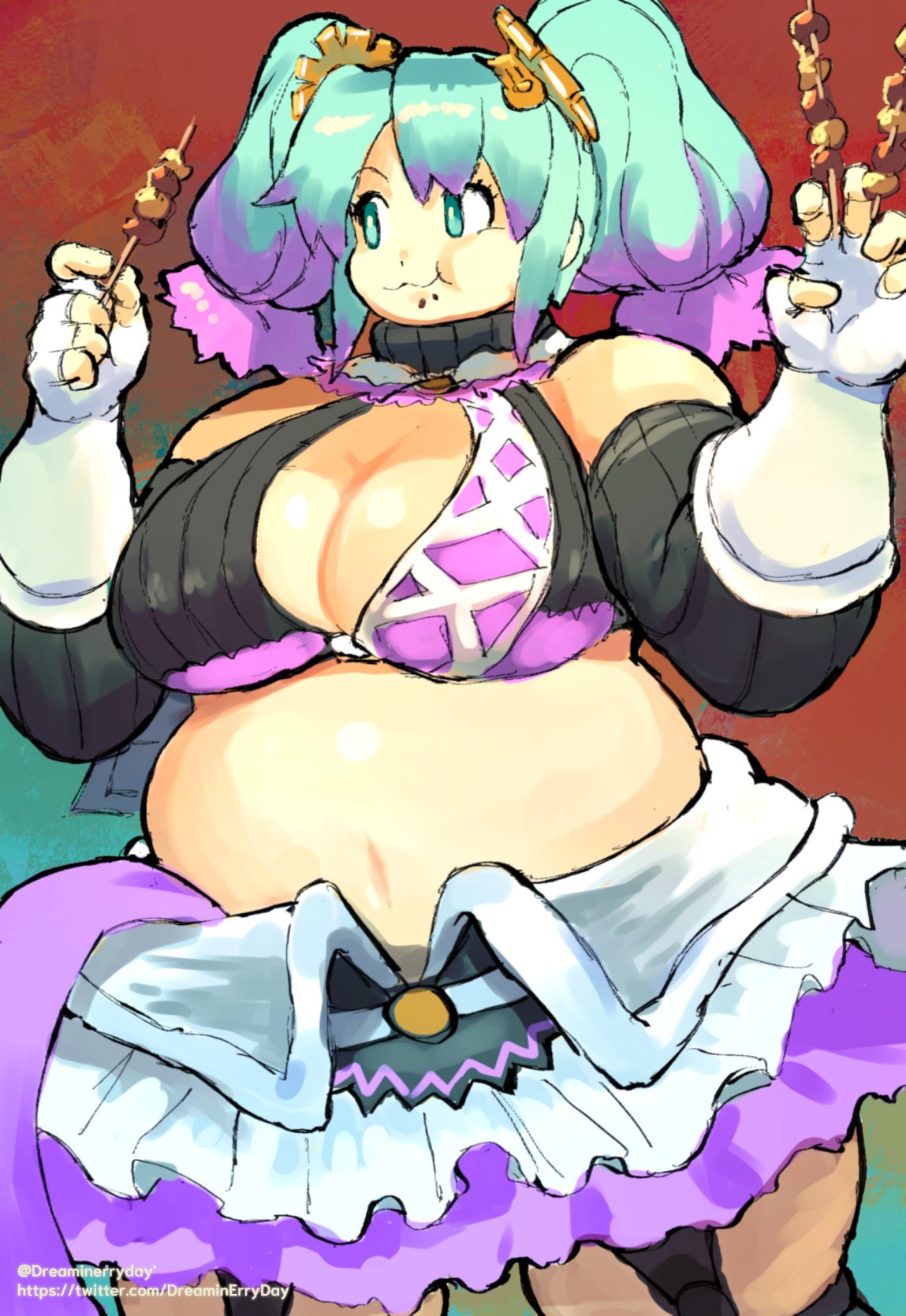 1girls bbw belly breasts chubby chubby_female dreaminerryday e's_laf eating female large_breasts nude tagme teal_hair thick_thighs tina_(e's_laf++)