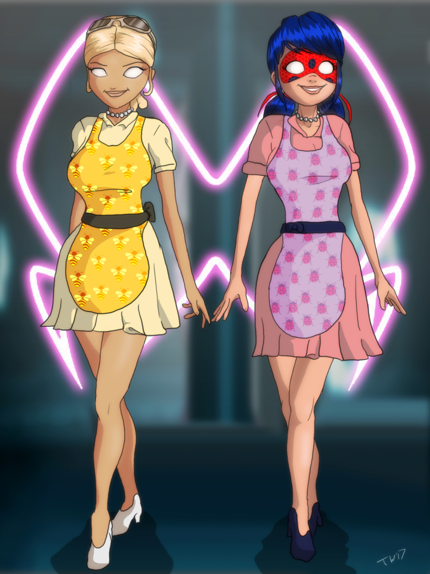 2girls apron big_breasts blank_eyes blonde_hair blue_hair chloe_bourgeois clothed clothed_female corruption domestication empty_eyes eye_mask female female_only femsub fully_clothed high_heels housewife ladybug_(character) marinette_cheng marinette_dupain-cheng mind_control miraculous:_tales_of_ladybug_and_cat_noir miraculous_ladybug multiple_girls necklace pigtails short_hair smile stepfordization sunglasses sunglasses_on_head superhero superheroine trishbot whitewash_eyes