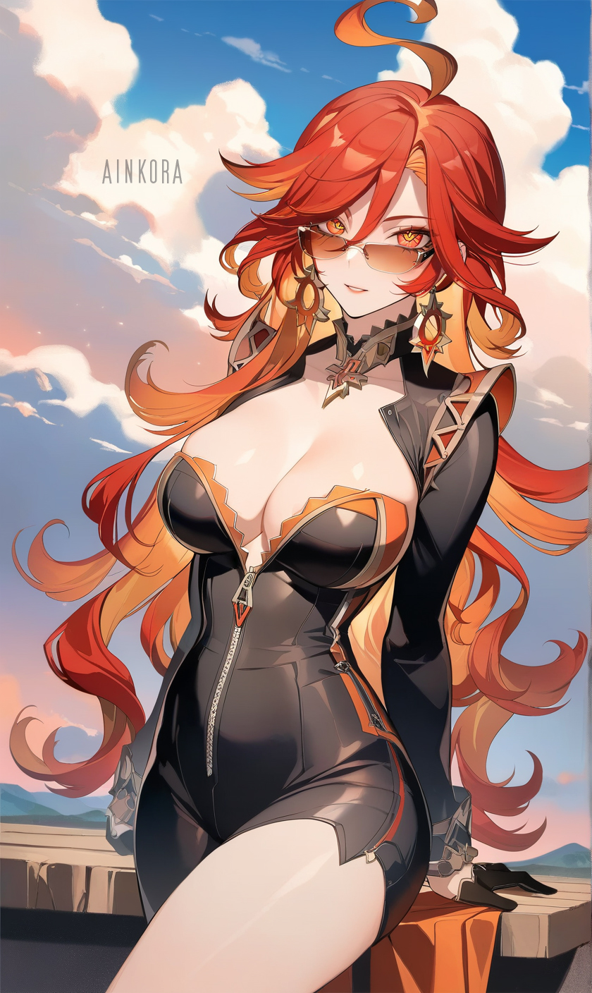 ai_generated big_breasts breasts brown-tinted_eyewear female female_only genshin_impact long_hair looking_over_eyewear looking_over_glasses looking_over_sunglasses mavuika_(genshin_impact) red_hair simple_background solo solo_female solo_focus sunglasses thick_thighs thighhighs thighs tinted_eyewear