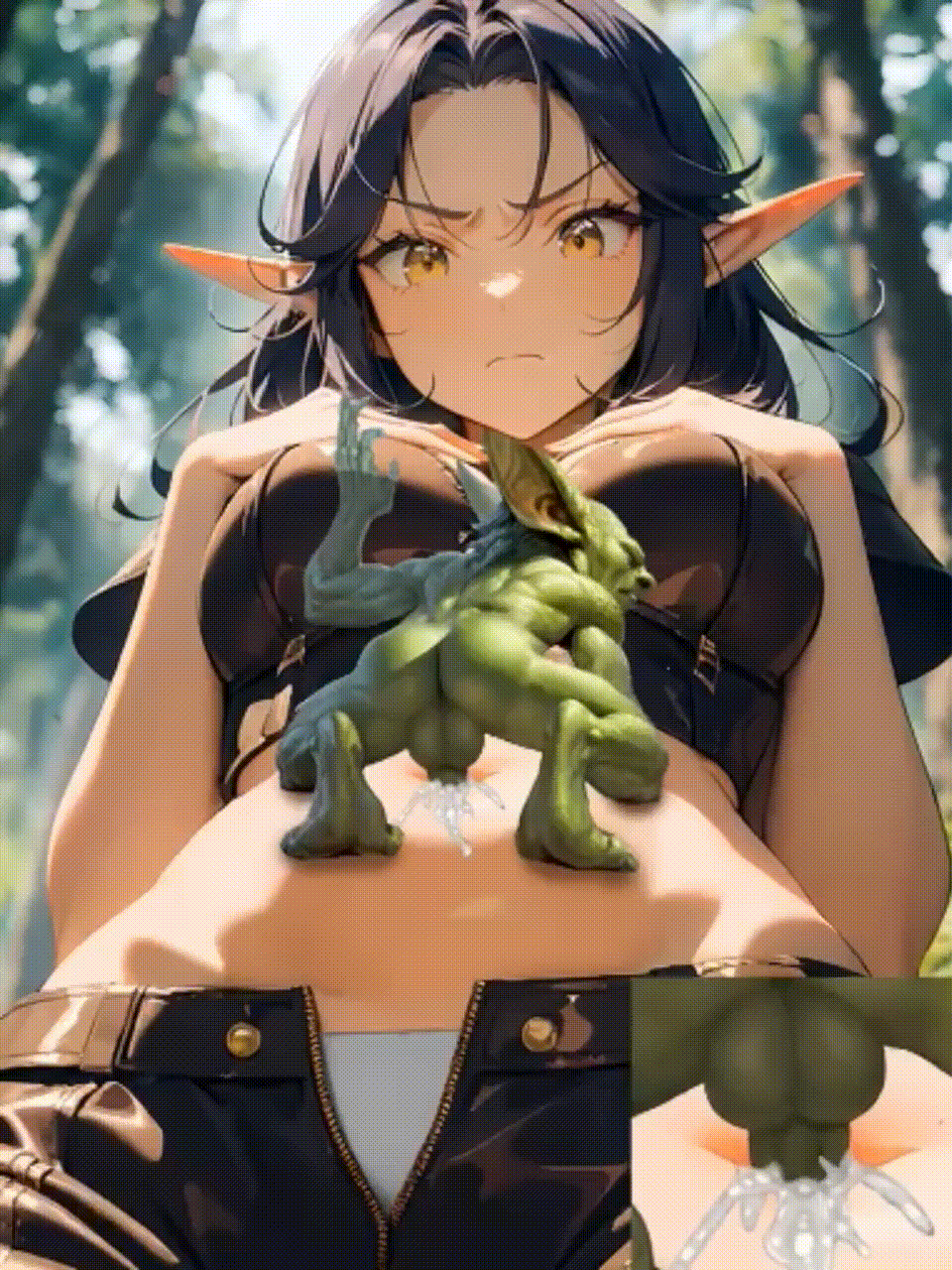 ai_generated angry_face animated belly_button belly_button_penetration blue_hair cum_in_navel elf_female fantasy forest goblin_male midriff navel navel_fetish navel_penetration yellow_eyes