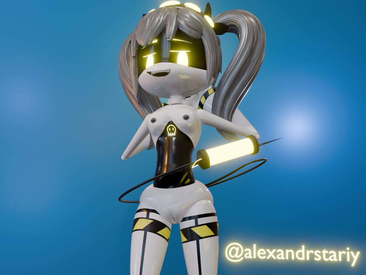 1girls alexandrstariy cute drone glitch_productions gray_hair j_(murder_drones) murder_drones pussy robot robot_girl sexy sexy_pose standing vagina white_body yellow_eyes