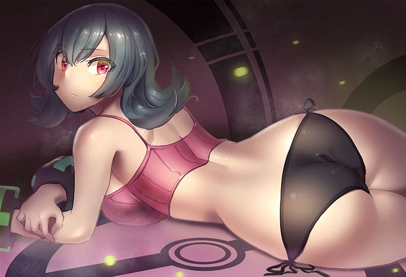 1girls, armpits, artist request, ass, back, bare shoulders, black hair, black panties, bracelet, breasts, female, female only, human, human only, laying down, long hair, looking at viewer, looking back, nintendo, panties, pink eyes, pokemon, pokemon gsc, pokemon rgby, sabrina (pokemon hgss), sabrina (pokemon), see-through, shirt, sideboob, source request, thick thighs