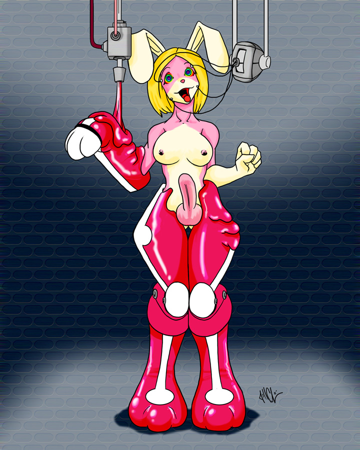 anthro bastianmage blonde_hair bottomless bunny_futa erection furry futa_only futanari futasub kaa_eyes latex nude open_mouth original penis rael_bunni robotization shiny_skin solo spiral_eyes symbol_in_eyes tech_control topless transformation