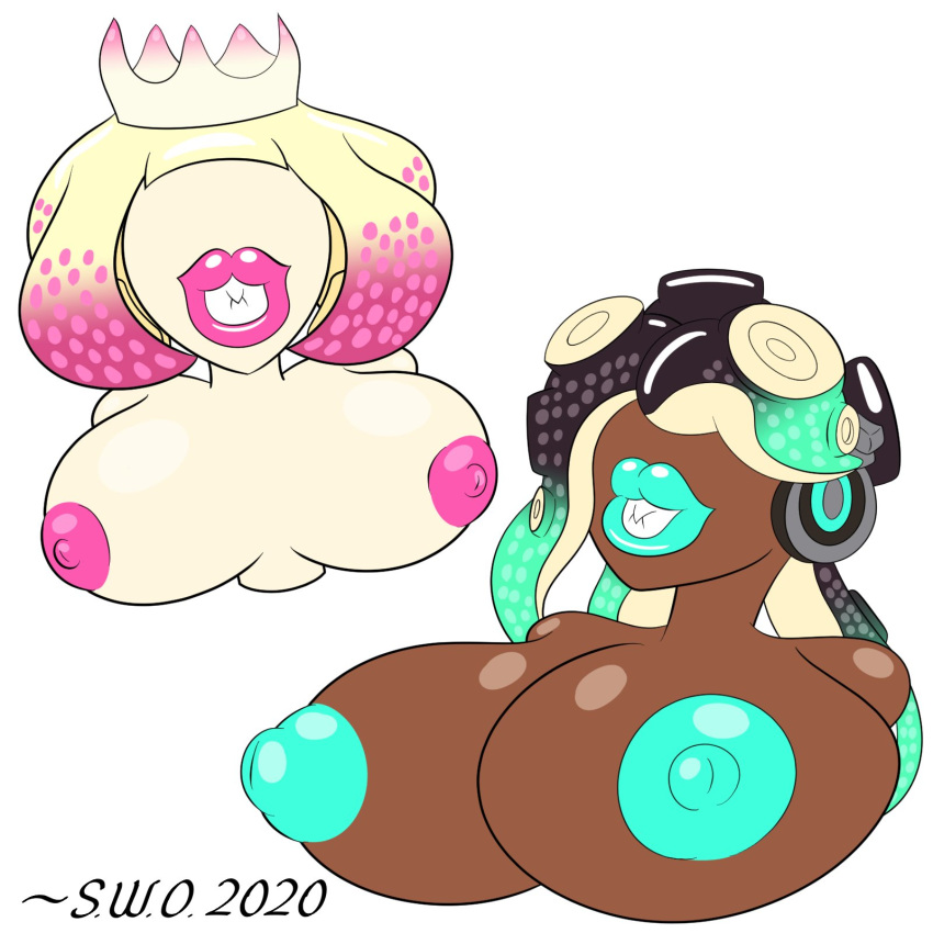 2020 2girls breasts bust bust_portrait crown female green_nipples headphones huge_lips inanimate inanimate_transformation marina_(splatoon) multiple_girls nipples no_eyes objectification pearl_(splatoon) pink_nipples smiling splatoon splatoon_2 statue super_weird_one tagme thick_lips transformation what