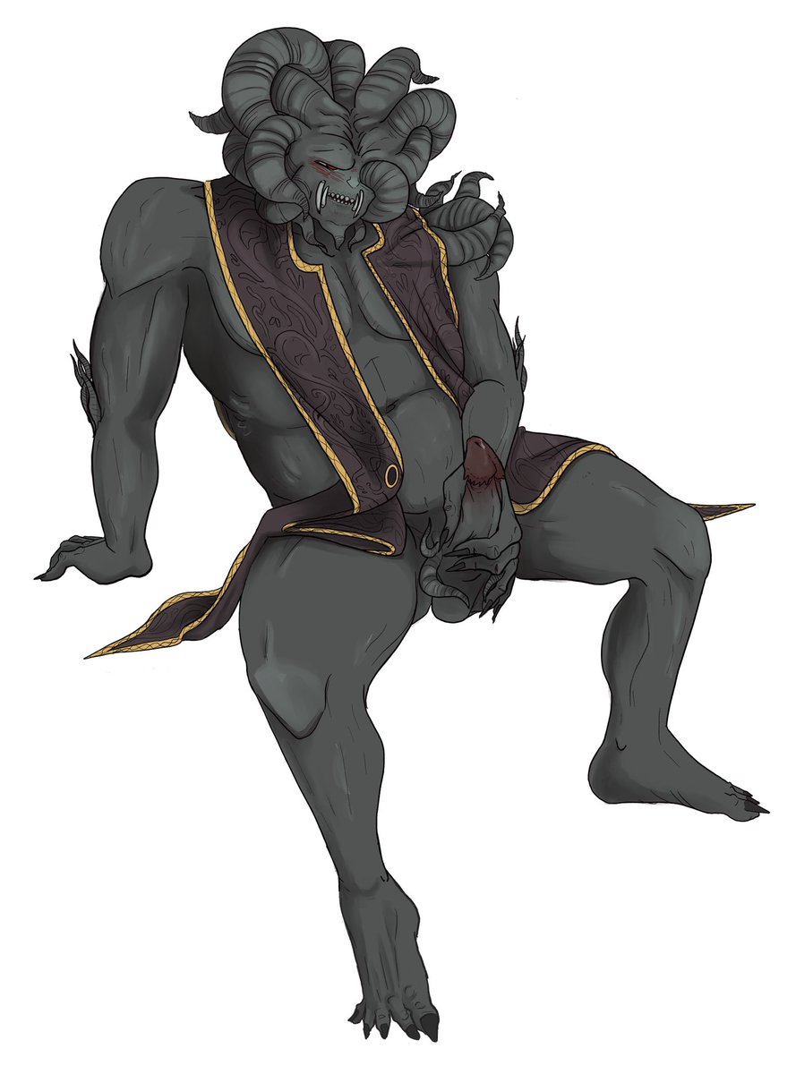 1boy 1male anthro balls bara barazoku blush dark_grey_skin demigod doomeddaddies elden_ring eyes_mostly_closed fangs fromsoftware hand_support horns male_only masturbation mohg_lord_of_blood monster monstrous_humanoid mostly_nude muscular_thighs sharp_teeth sharp_toenails solo thick_thighs toned_arms touching_self tummy weird_penis white_background