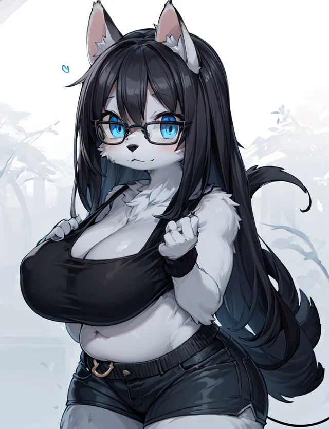 1girls :3 ai_generated belly_button big_breasts black_hair blue_eyes clothing emo emo_girl erect_nipples erect_nipples_under_clothes eyebrows_visible_through_hair female female_only furry furry_only genderswap_(mtf) lacachona locochon long_hair messirve pngtuber pov purple_eyes rule_63 shorts tail vtuber youtube youtube_hispanic