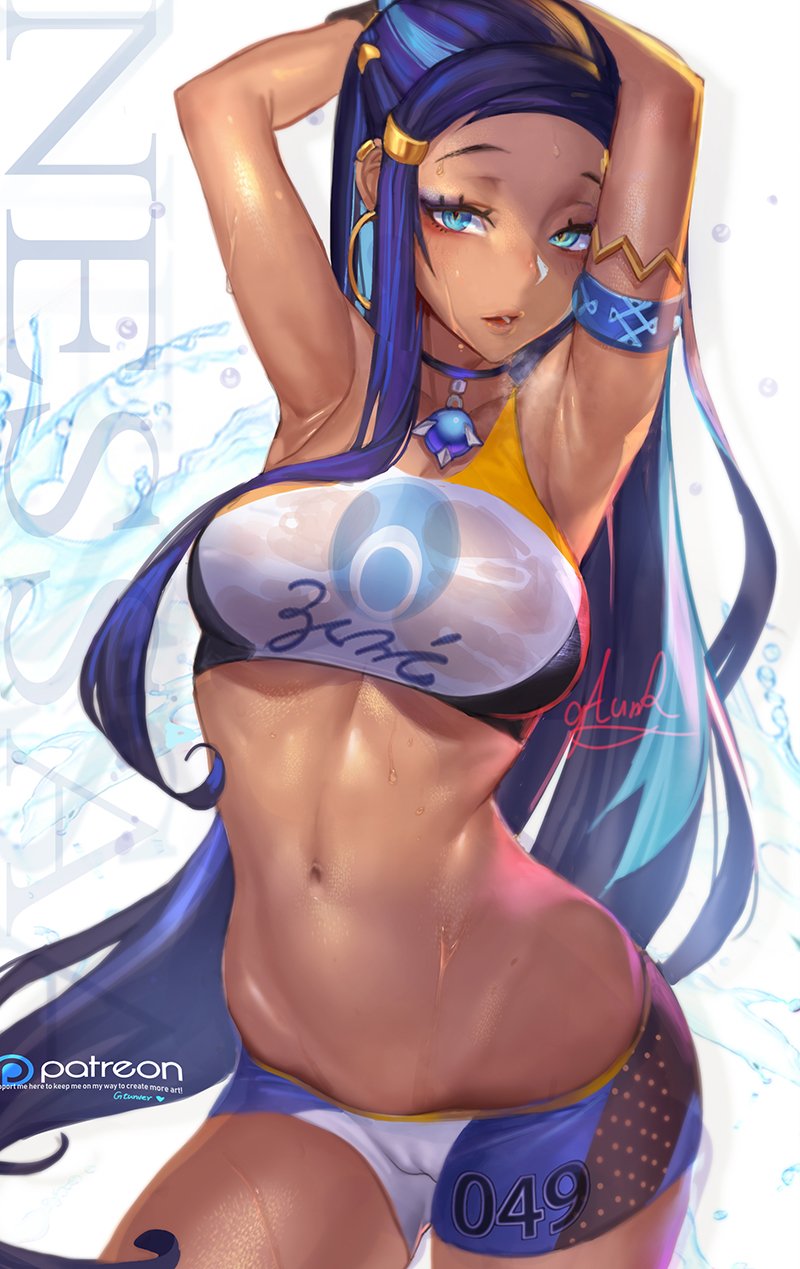 1girls, abs, armpits, blue eyes, blue hair, breasts, cameltoe, cleavage, clothed, dark skin, dark-skinned female, female, female only, gtunver, gym leader, half-closed eyes, hands behind head, heavy breathing, human, looking at viewer, navel, nessa (pokemon), nintendo, patreon, pokemon, pokemon ss, pussy, see-through bikini, solo, text, thigh gap, url, wet, wide hips