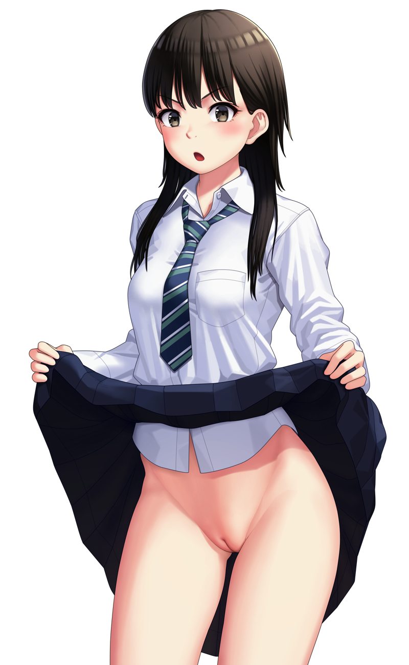 black_hair blue_skirt blush bottomless breast_pocket buruma cleft_of_venus clothes_lift collared_shirt cowboy_shot exposed_pussy female hairless_pussy highres lifting_own_clothes long_hair long_sleeves maburu_(lojyq1eur3e8bit) necktie no_panties open_mouth original pocket pussy school_uniform shirt simple_background skirt skirt_lift solo striped_necktie thighs uncensored white_background white_shirt