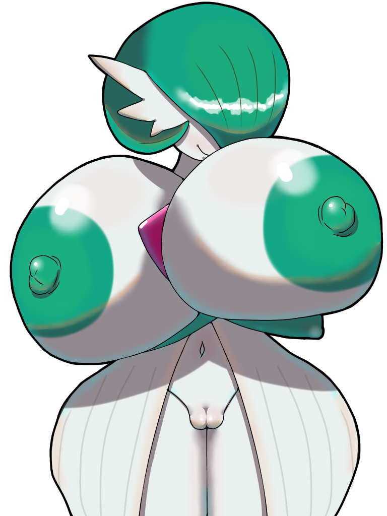 areola, big breasts, breasts, female, female gardevoir, gardevoir, green hair, green nipples, hair, hair over eyes, holly ero, huge breasts, humanoid, nintendo, nipples, pokémon (species), pokemon, pokemon (species), pokemon rse, pokemorph, pussy, simple background, smile, solo, video games, white background