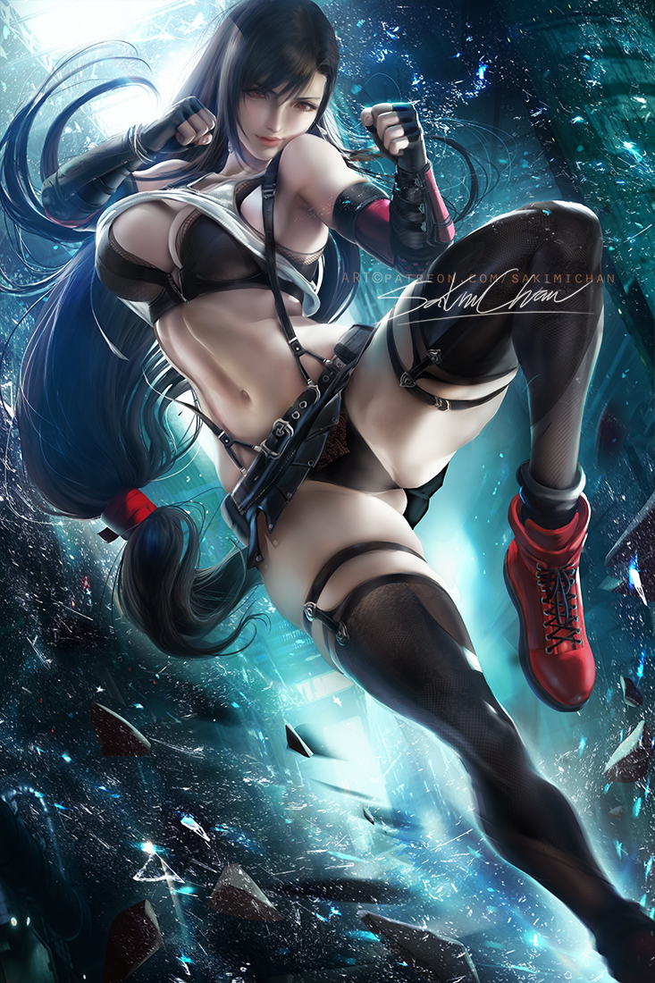 1girls, abs, armpits, ass, black bra, black legwear, black panties, breasts, cleavage, clothed, female, female only, fighting stance, final fantasy, final fantasy vii, fist, hair tie, panties, patreon, sakimichan, shirt lift, skirt lift, solo, text, thick thighs, thighhighs, tifa lockhart, upskirt